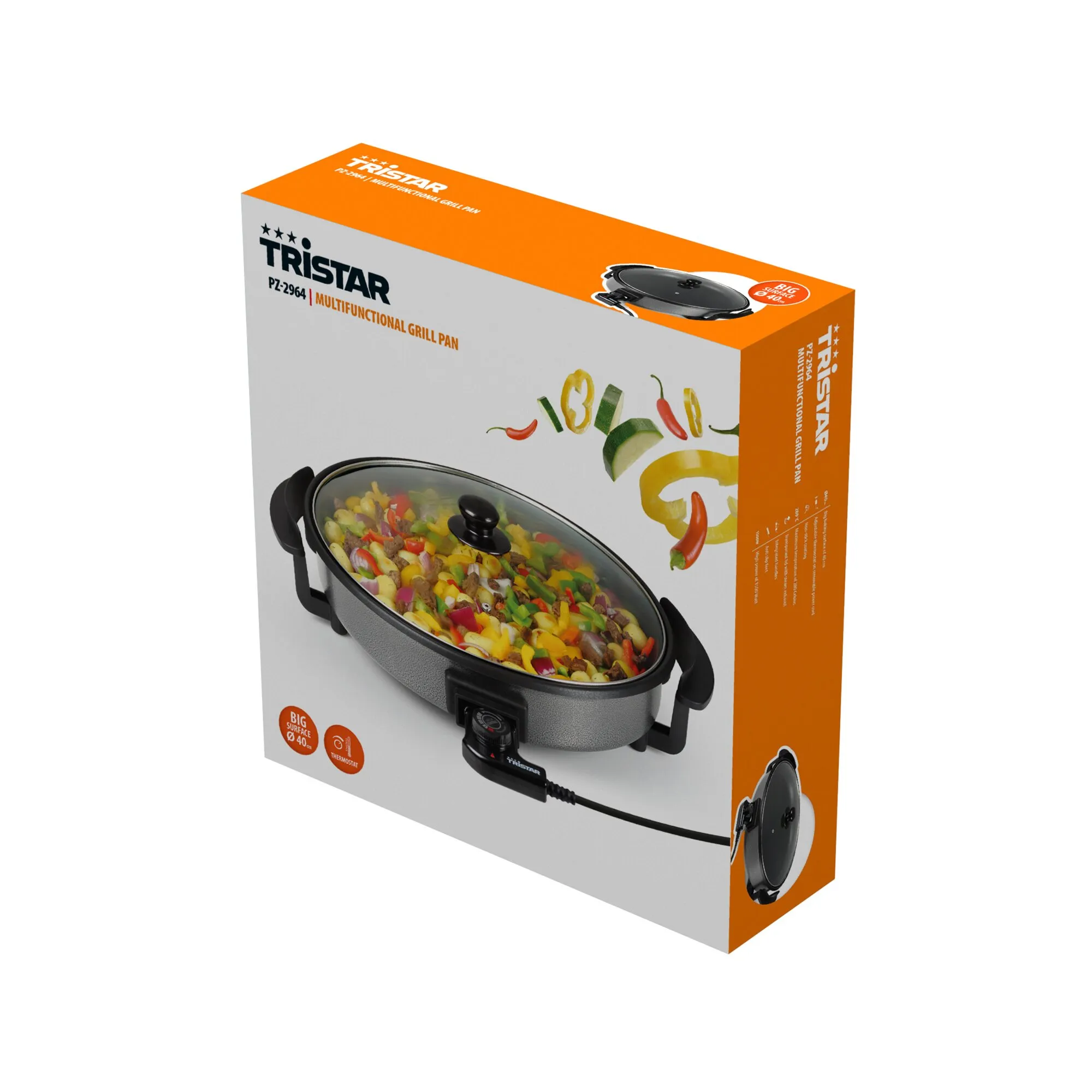 TRISTAR Multifunktionspfanne mit Glasdeckel, gefüllt mit Gemüse und Fleisch, auf der Verpackung mit Temperaturregler abgebildet