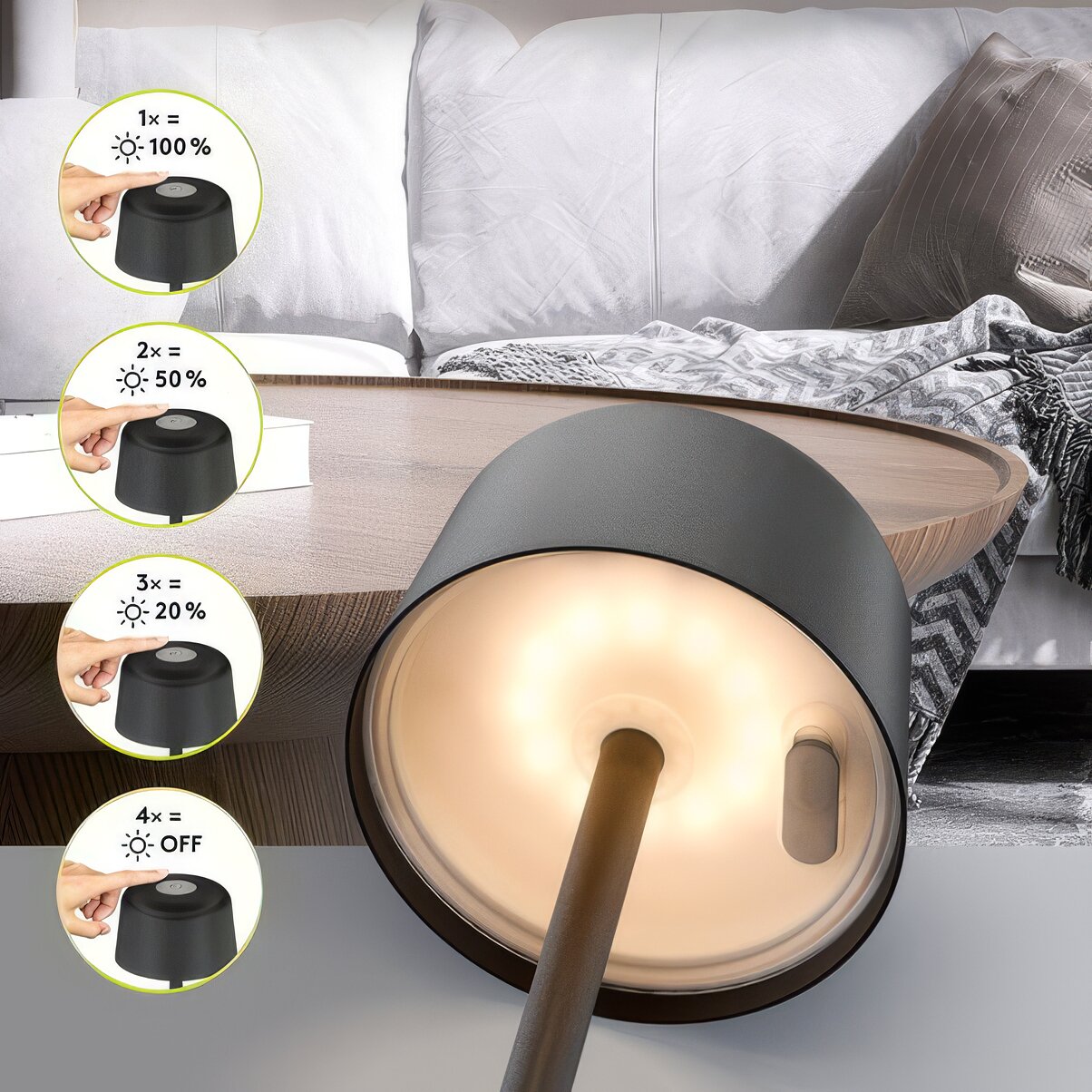 Schwarze runde LED-Tischleuchte mit warmem Licht liegt seitlich auf einem Holztisch; links Bedienelemente mit Knopf und Helligkeitseinstellungen