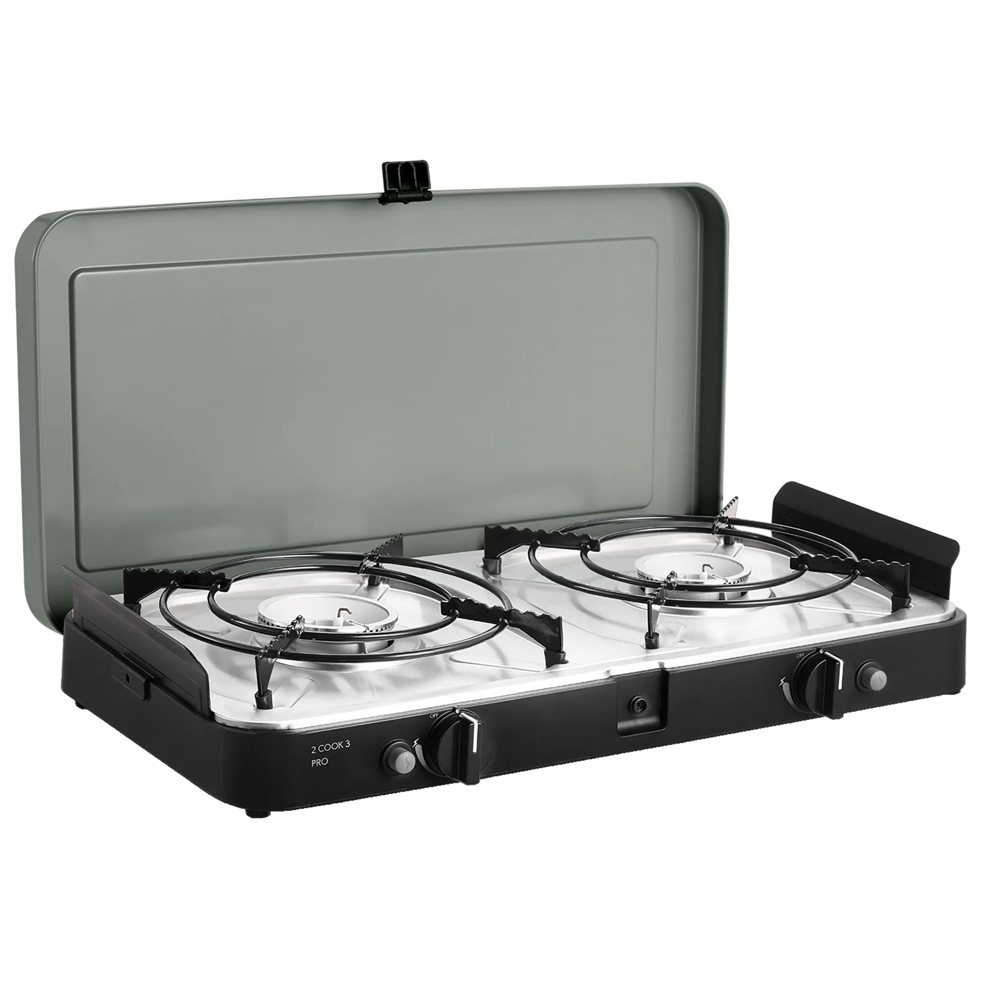 Schwarzer Gaskocher 2 Cook 3 Pro Stove mit zwei Brennern, Edelstahlkochfläche, Topfträgern und aufgeklapptem Deckel