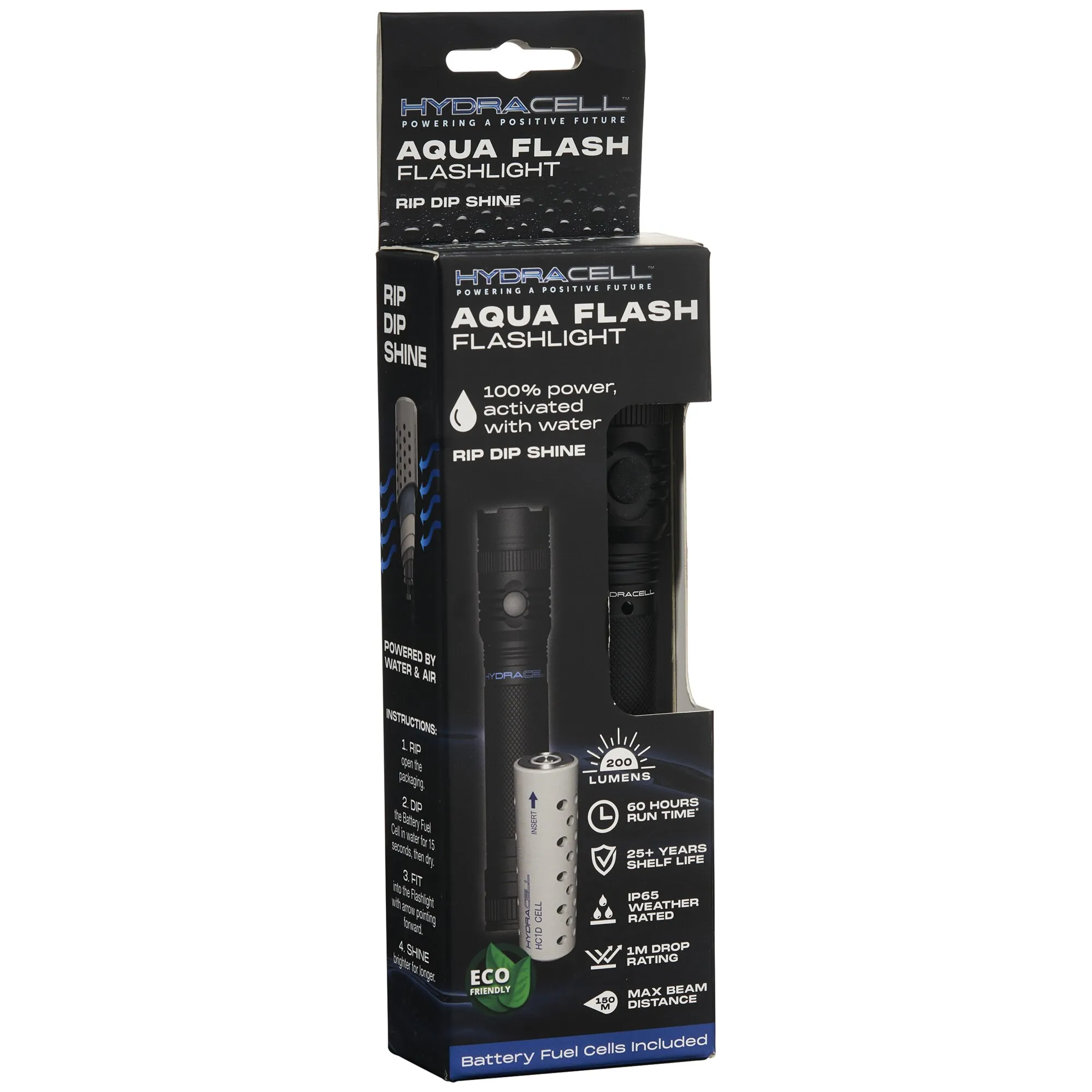 Schwarze HydraCell AQUA FLASH Taschenlampe in geöffneter Verpackung mit Wasser-Aktivierung und 200 Lumen Angabe