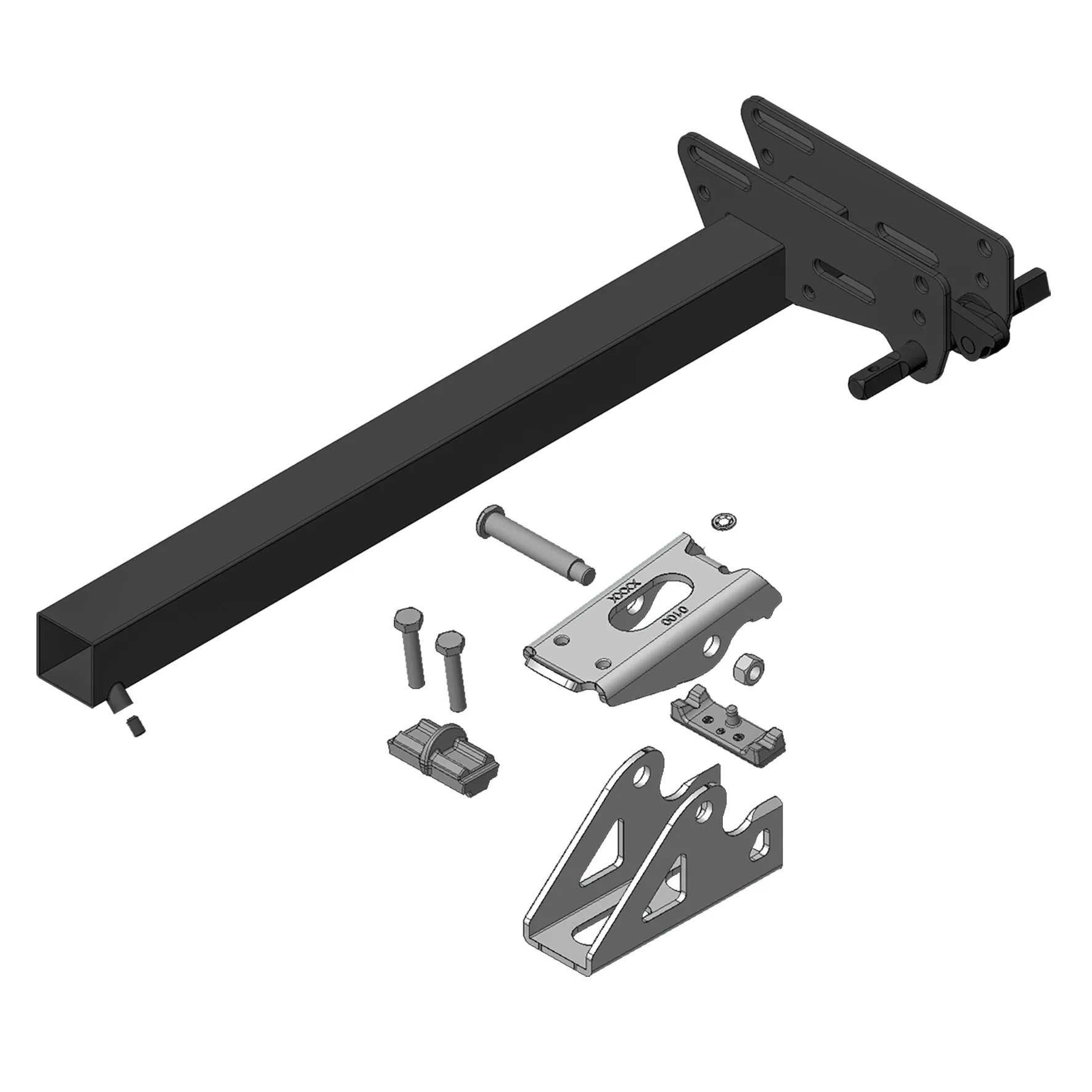 Schwarzes Trägerset B mit langem Vierkantrohr, verstellbaren Halteplatten, Montagebügeln und separaten Befestigungsteilen