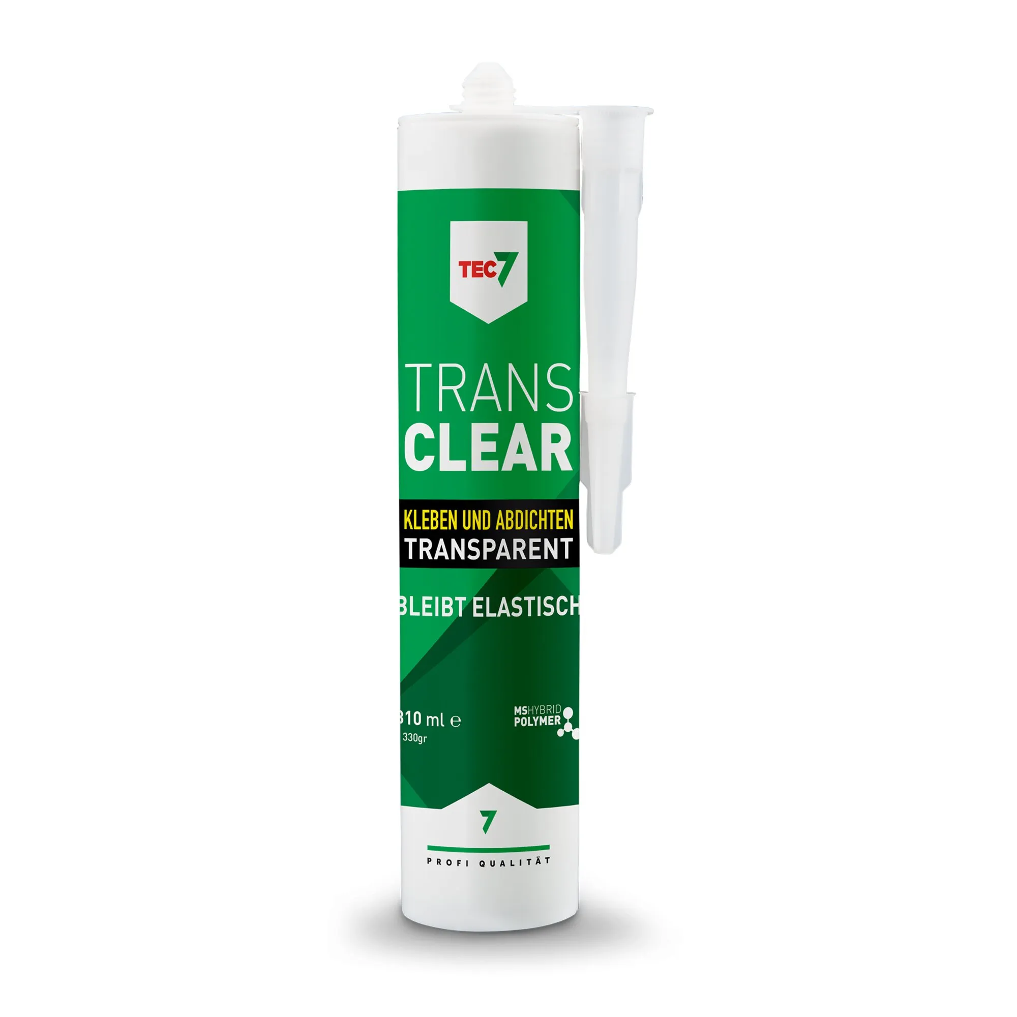 Weiße Kartusche TEC7 TRANSCLEAR Kleb- und Dichtstoff, transparent und elastisch, mit weißer Auftragsdüse vor weißem Hintergrund