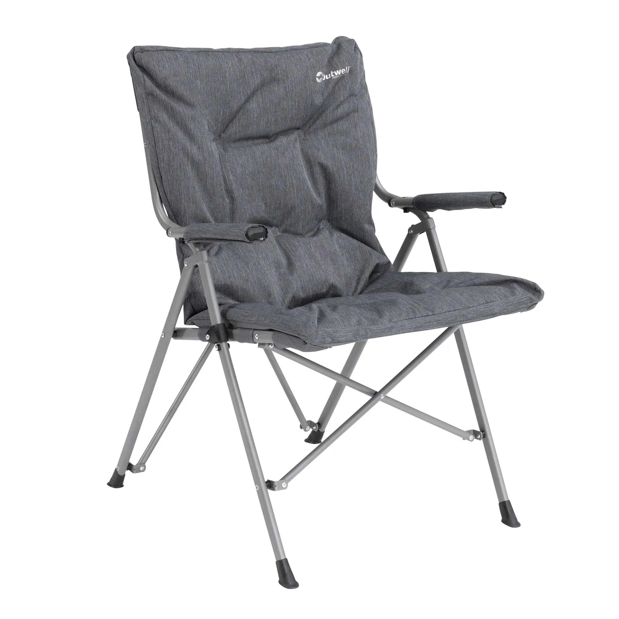 Niedriger Campingstuhl der Möbelserie Lake in Grau mit gepolsterter Sitzfläche, Rückenlehne, Armlehnen und klappbarem Metallgestell