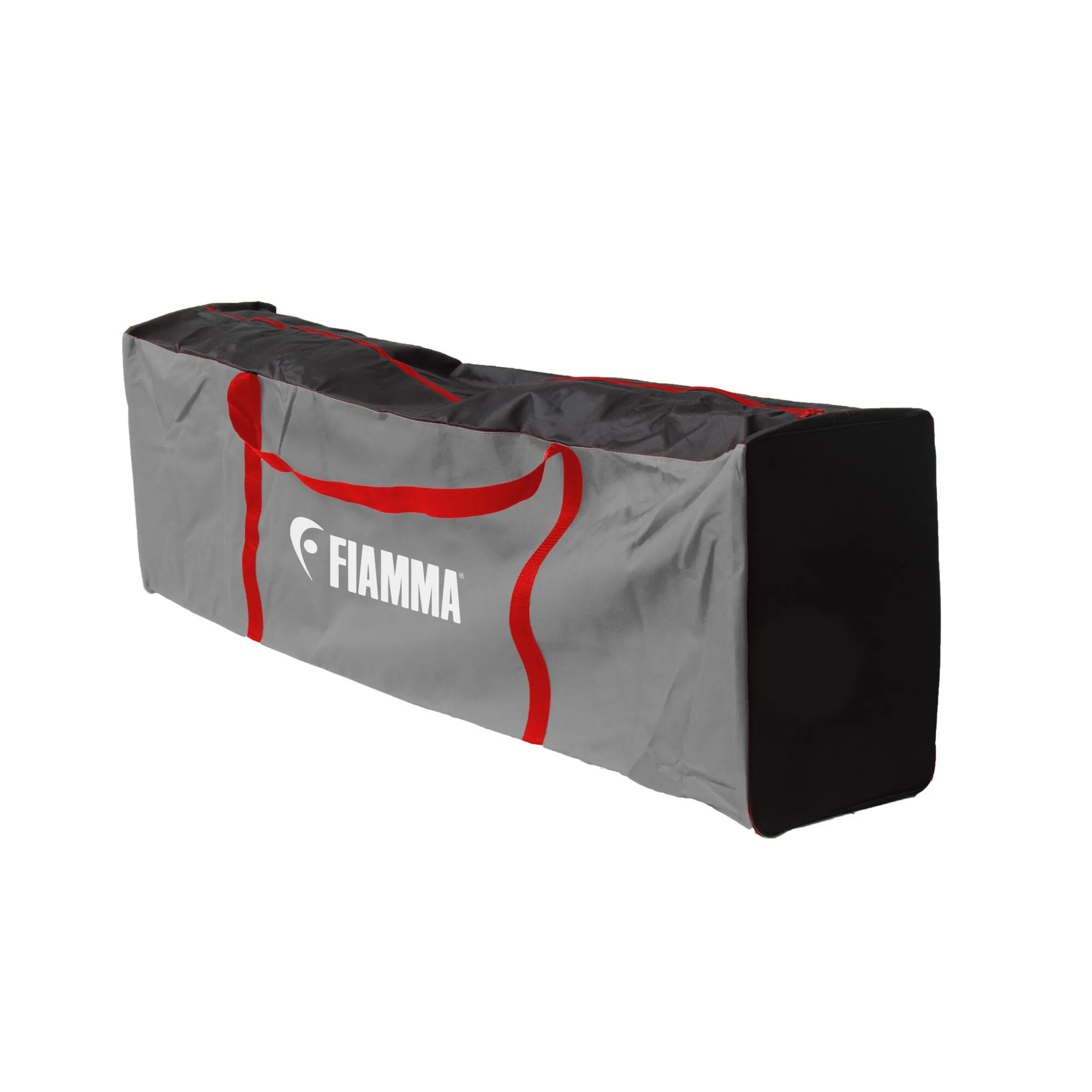 Graue Fiamma-Transporttasche mit roten Tragegriffen und schwarzem Deckel für das Markisenzelt Privacy Room F45 300 Large