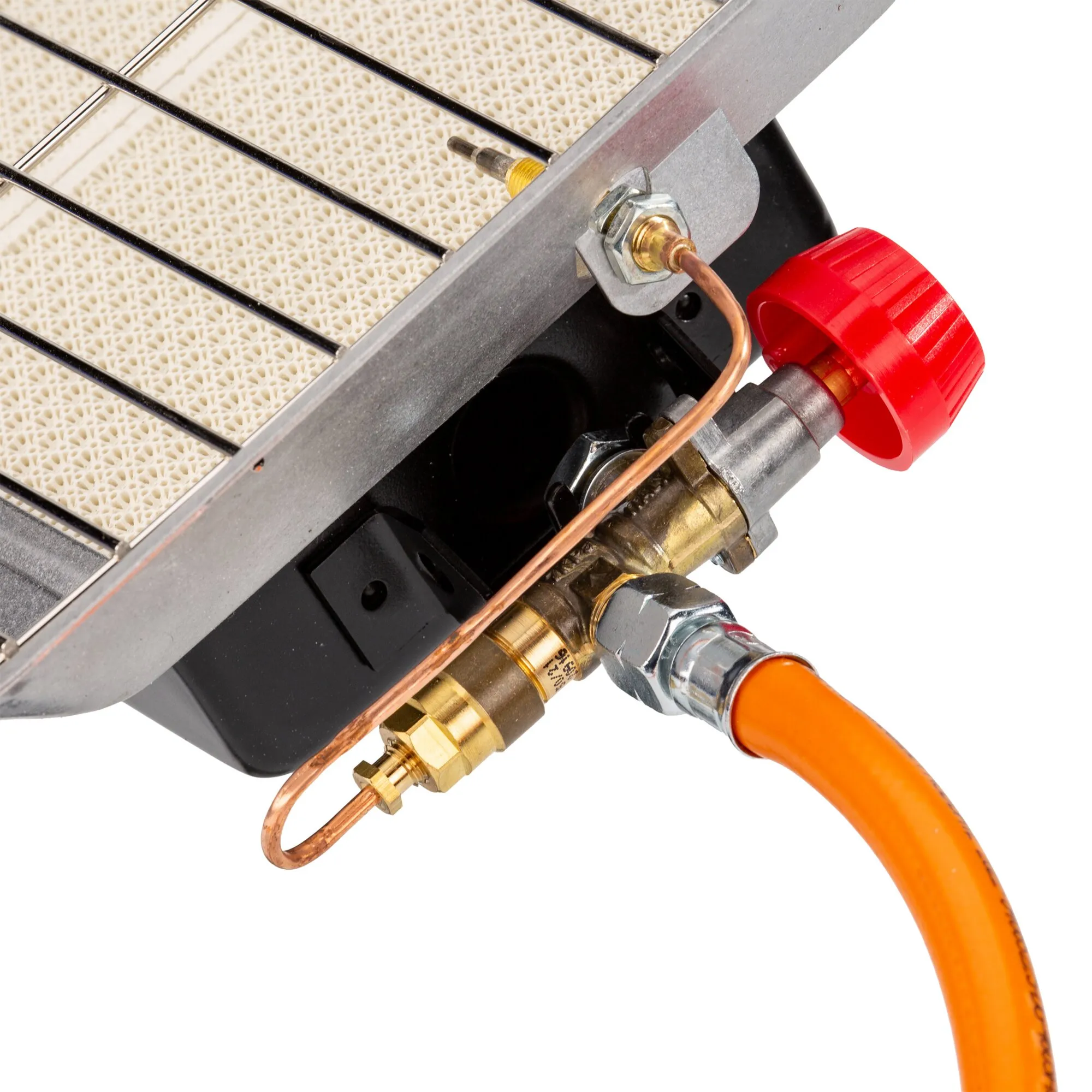Detailaufnahme des Infrarot-Gewerbestrahlers 4200 Z mit Keramik-Heizelement, Schutzgitter, Gasventil und orangem Gasschlauch