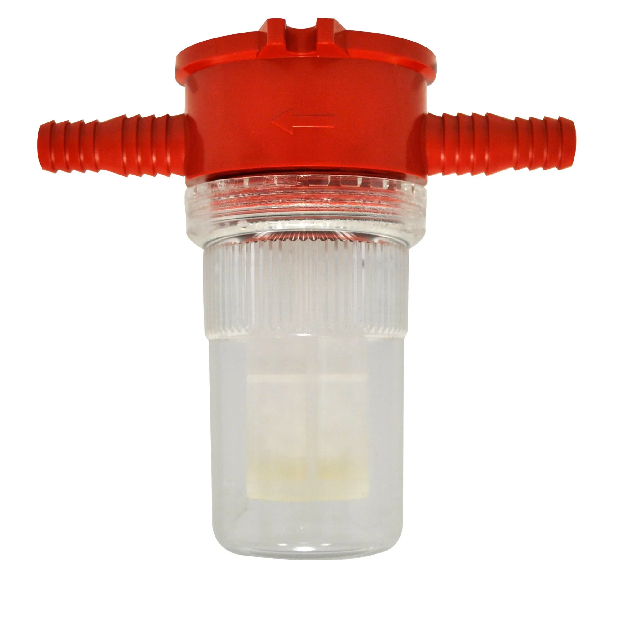 Roter Wasser-Feinfilter mit transparentem Filtergehäuse, weißer Filterkartusche und seitlichen geriffelten Schlauchanschlüssen