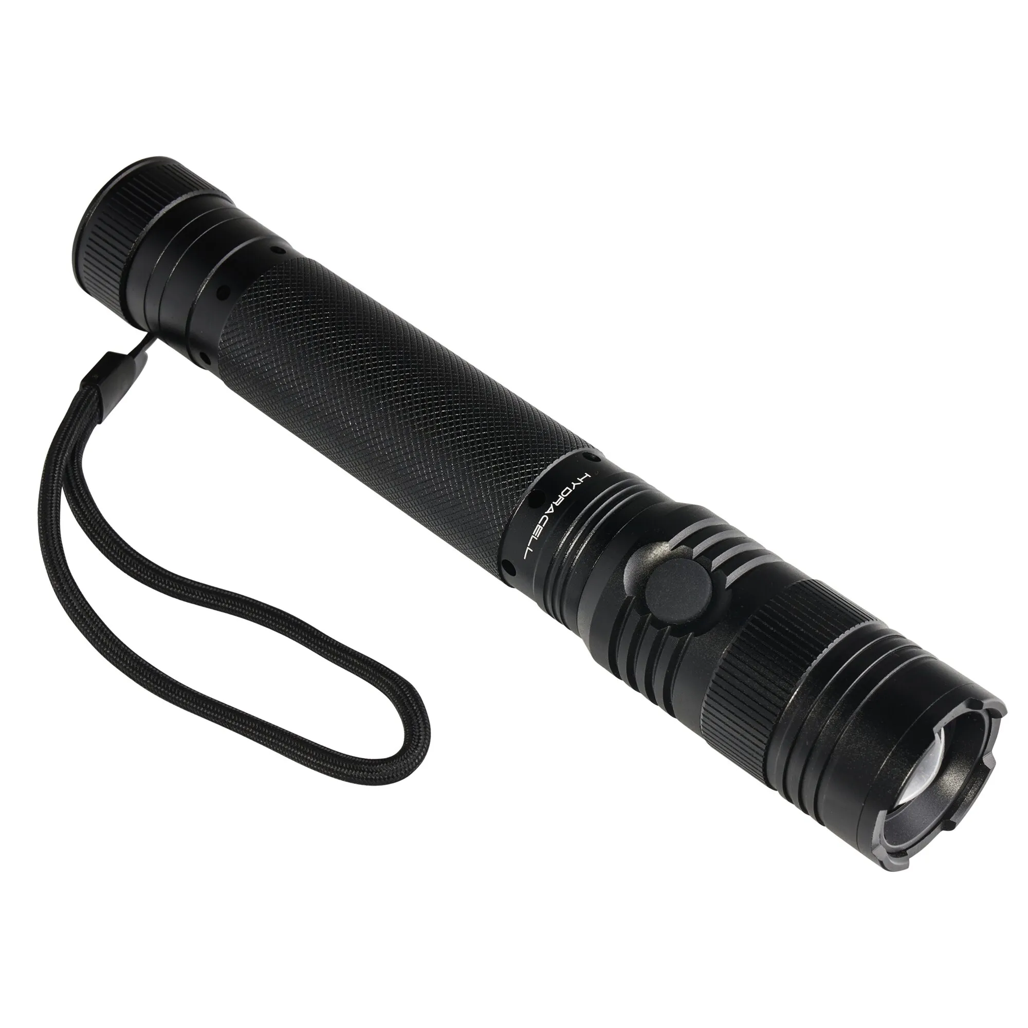 Schwarze Taschenlampe AQUA FLASH mit strukturiertem Griff, seitlichem Schalter, Handschlaufe und geriffeltem Leuchtkopf
