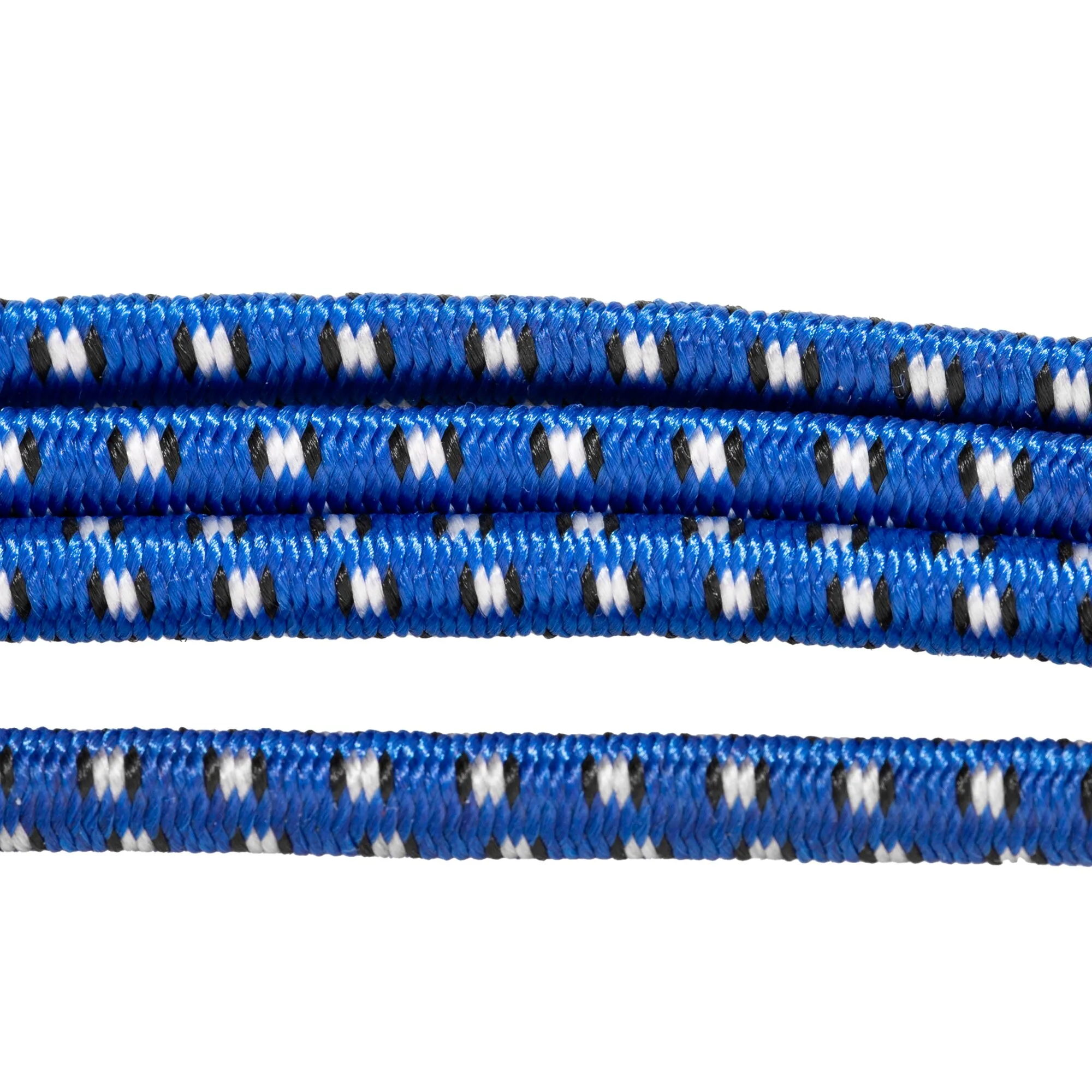 Detailaufnahme einer blauen Gepäckspinne aus geflochtenem Material mit regelmäßigem schwarz-weißem Muster-strähnen