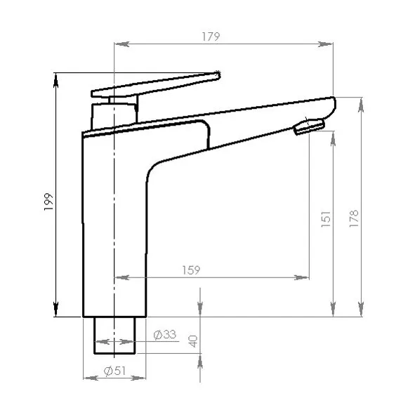 Technische Seitenansicht des Küchen-Einhebelmischers Vector S mit Maßangaben von 199, 179 und 178 mm sowie Ø33 und Ø51 mm