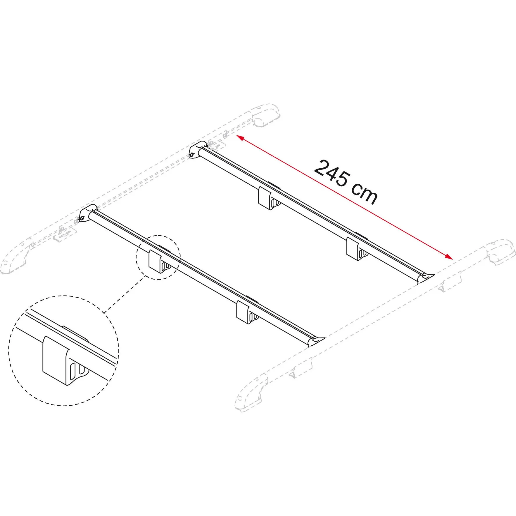 Tragestange Fixing Bar Rail als technische Zeichnung mit Halterungen und markierter Länge von 245 cm