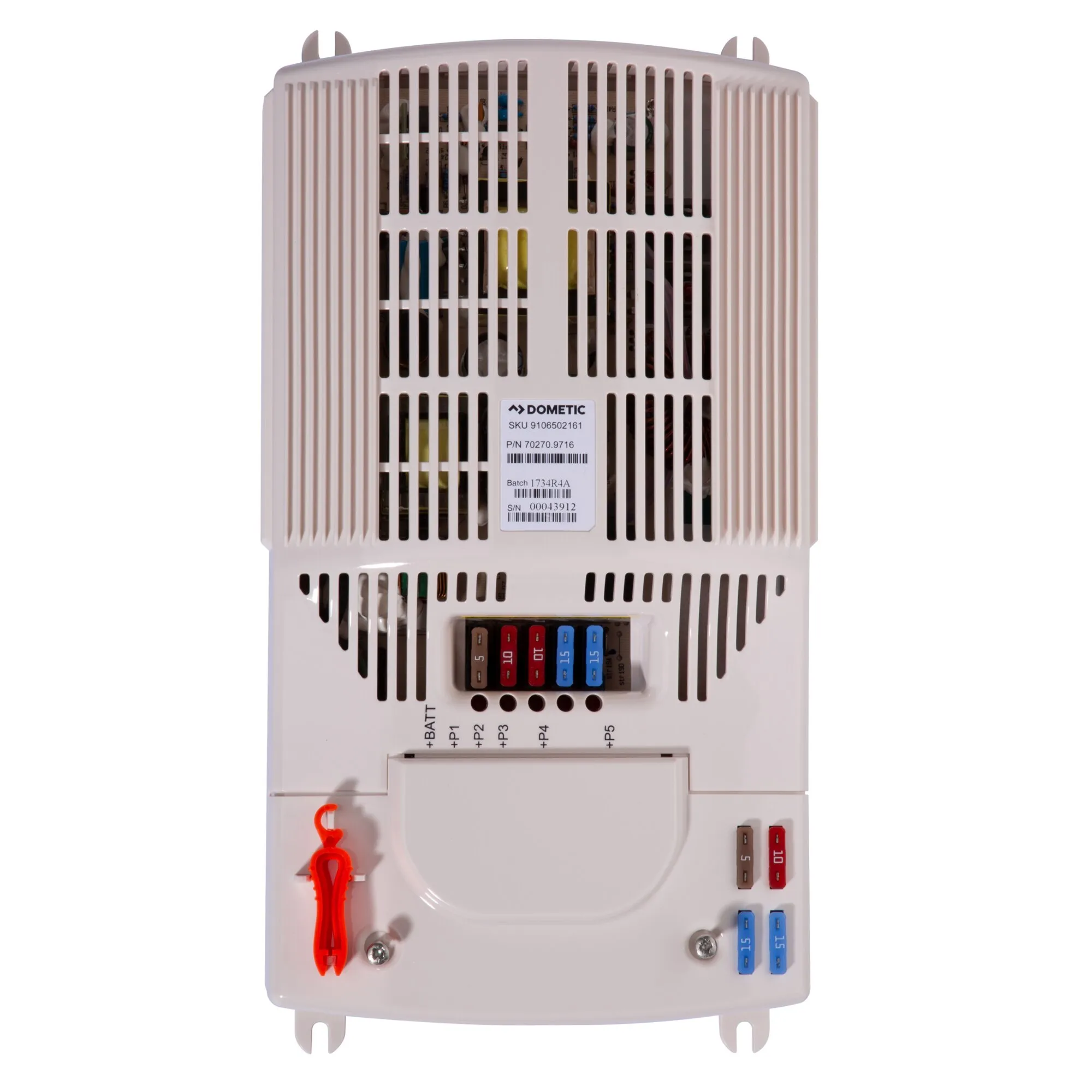 Weißes Dometic-Schaltnetzteil mit Lüftungsschlitzen, sichtbarer Elektronik, Sicherungen und Anschlüssen für 400 W Leistung