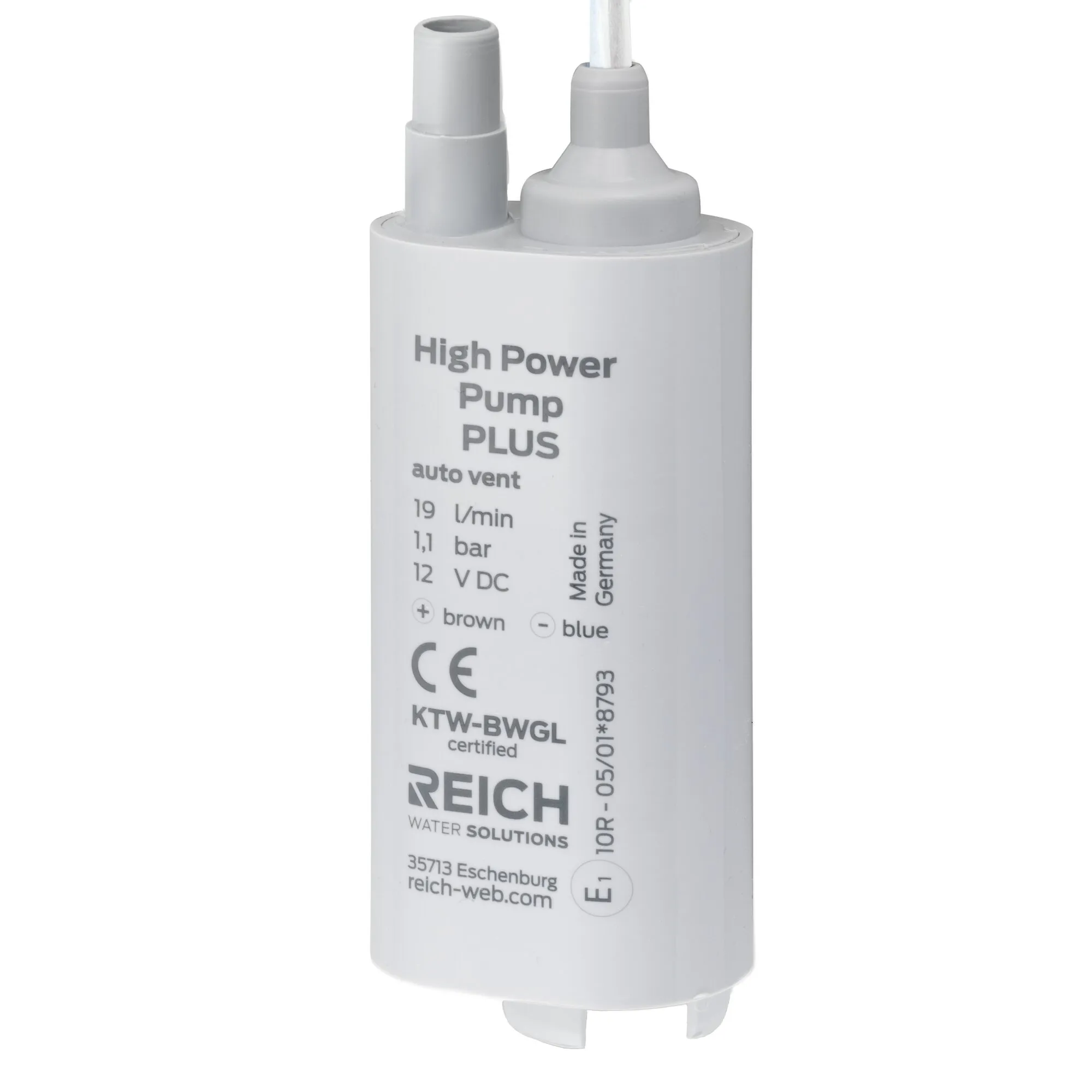 Weiße zylindrische Tauchpumpe von Reich mit zwei Anschlüssen, Auto-Vent und sichtbarer Kennzeichnung 19 l/min, 1,1 bar, 12 V DC