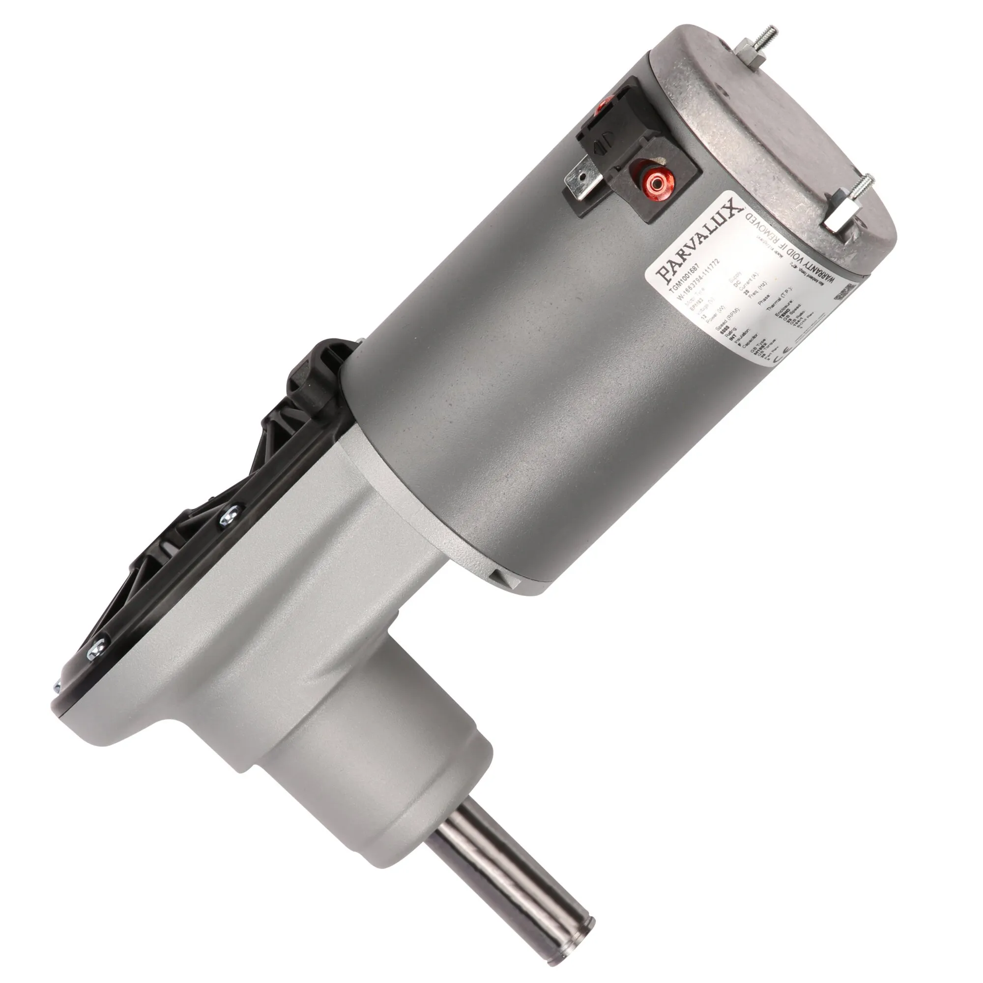 Parvalux Motor-Getriebe A in grauem Gehäuse mit schwarzem Anschluss und sichtbarer Antriebswelle, schräg dargestellt