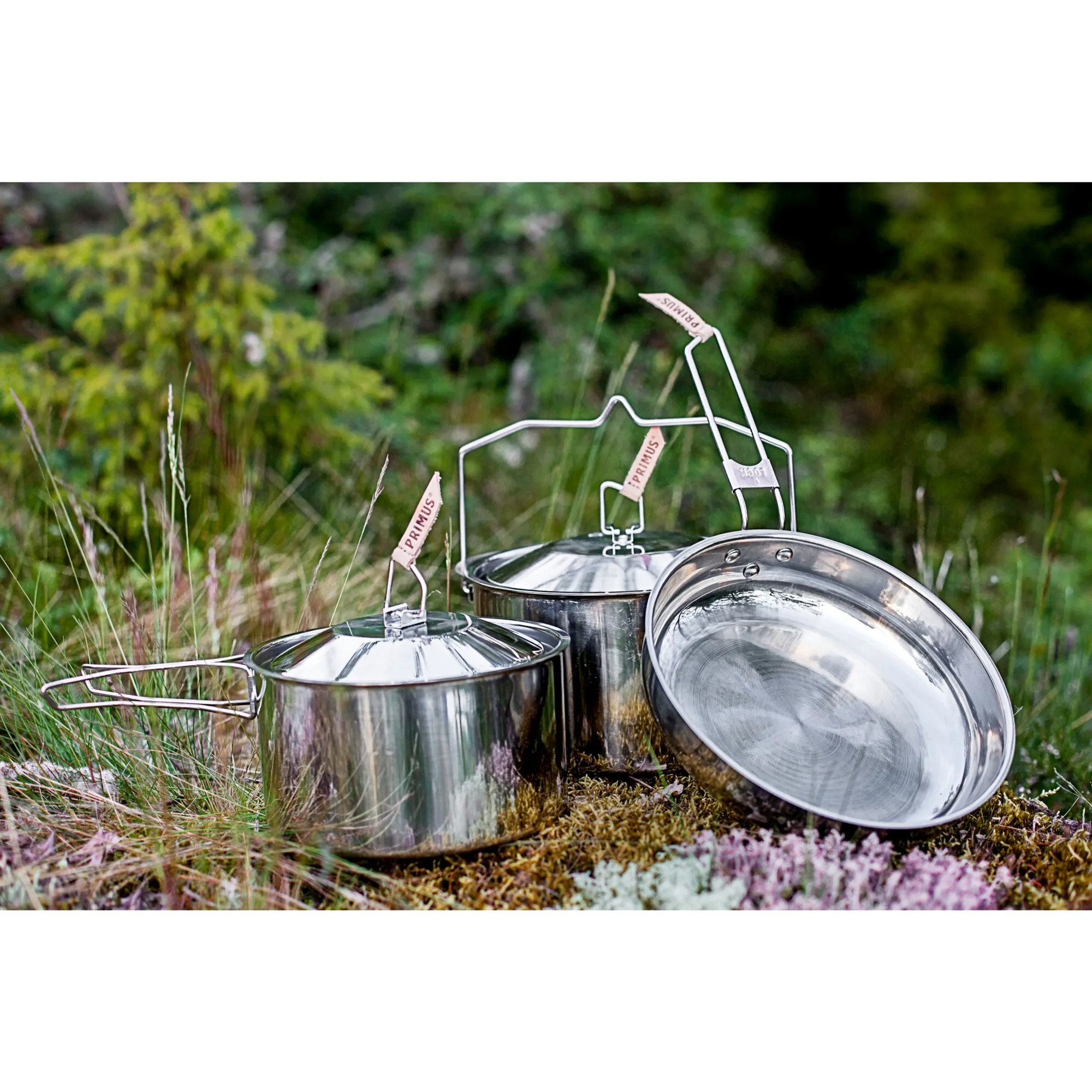 Kochtopf-Set Campfire L aus glänzendem Edelstahl mit zwei Töpfen, Deckeln und klappbaren Griffen im Waldgras