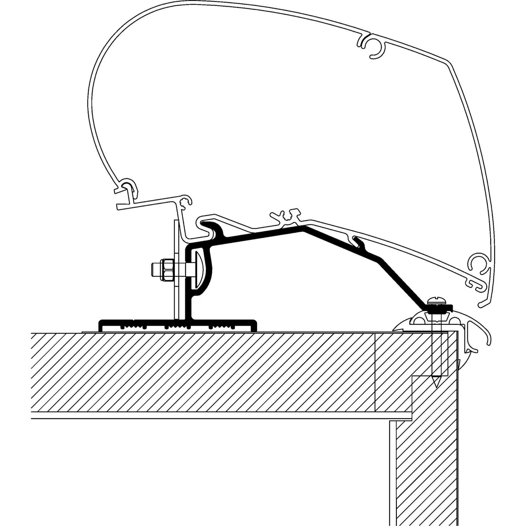 Technische Schnittdarstellung des 6 m langen Caravan Roof Adapters für TO Serie 6 und 9 an einer Dachkante mit Klemmprofilen