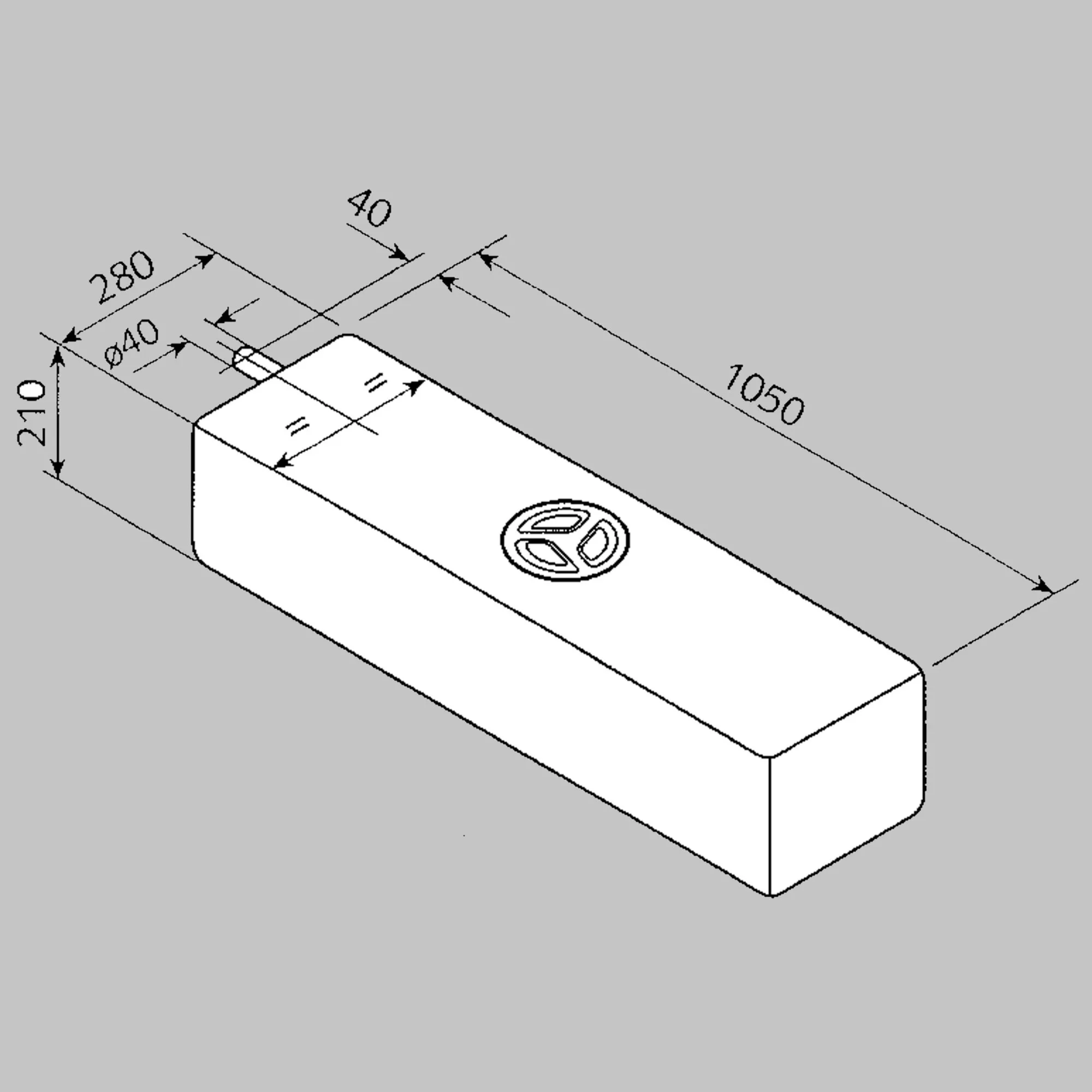 Technische Zeichnung des Frischwassertanks 53 Typ EV1101 mit Einfüllöffnung und Maßangaben 1050 × 280 × 210 Millimeter