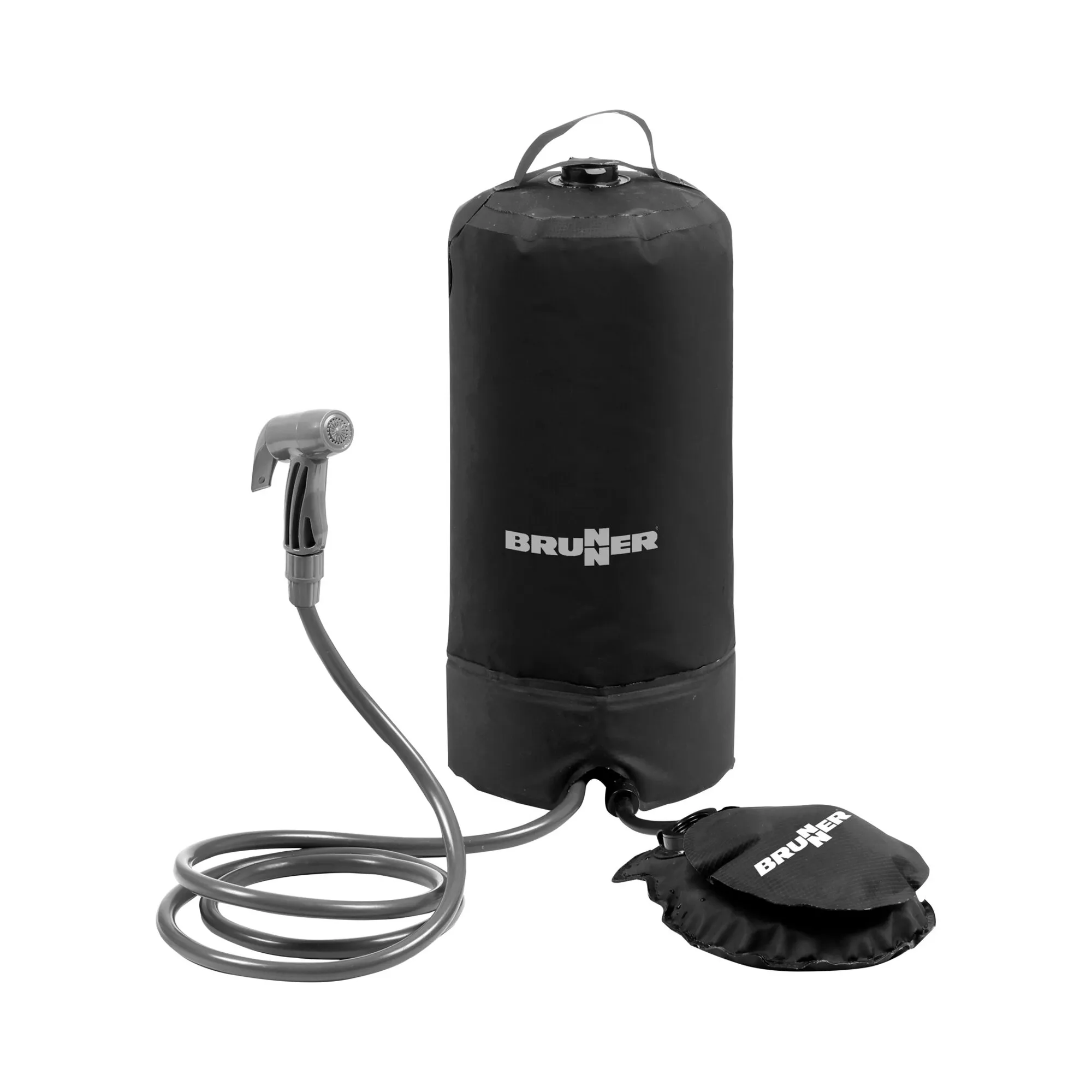 Schwarze Outdoor-Druckdusche Splash von Brunner mit Wassertank, Schlauch, Handbrause und Fußpumpe