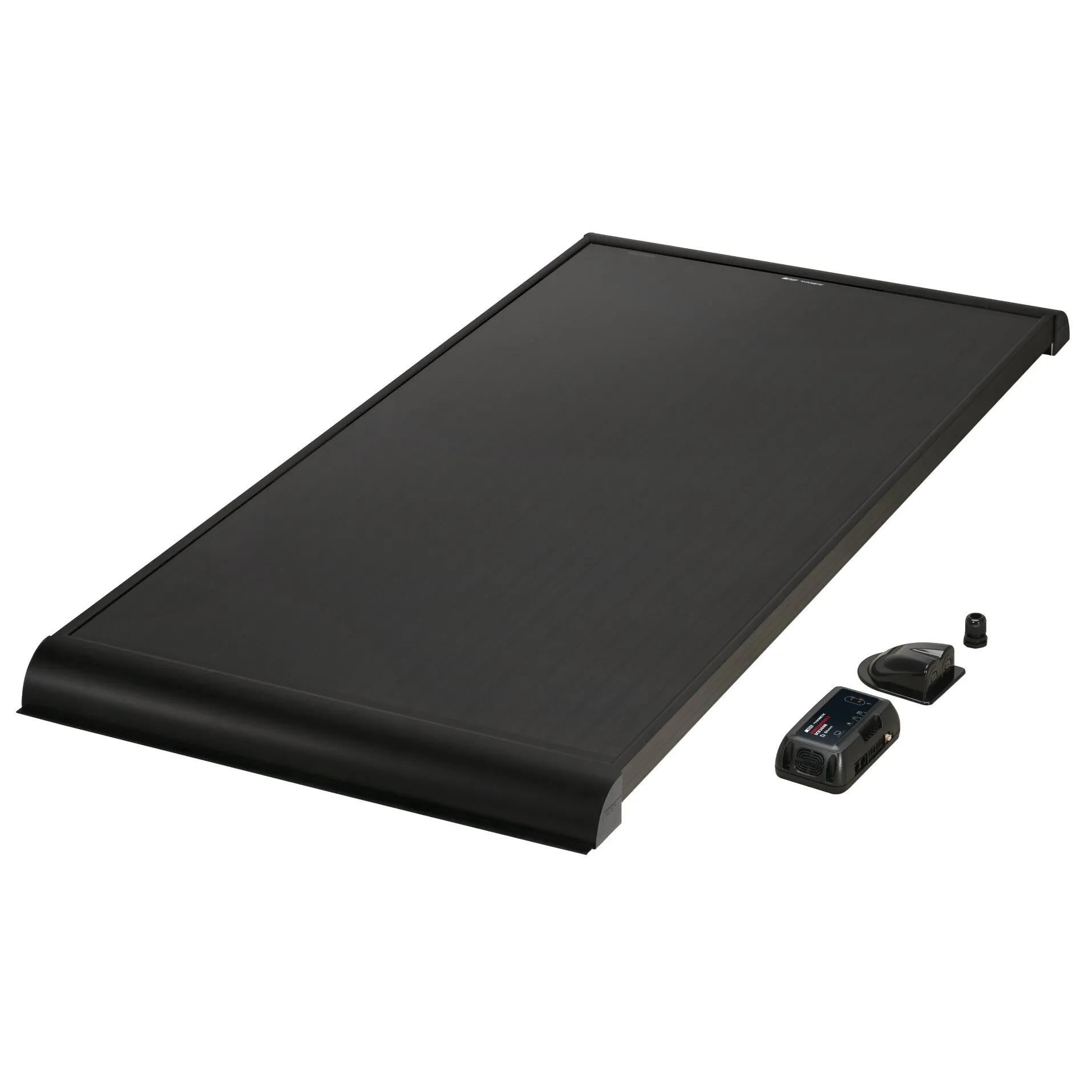 Großes schwarzes Solarpanel BS165K mit glatter Oberfläche, dazu ein kompakter Solar-Laderegler SCE360B, Batterie und Anschlusszubehör im Bild