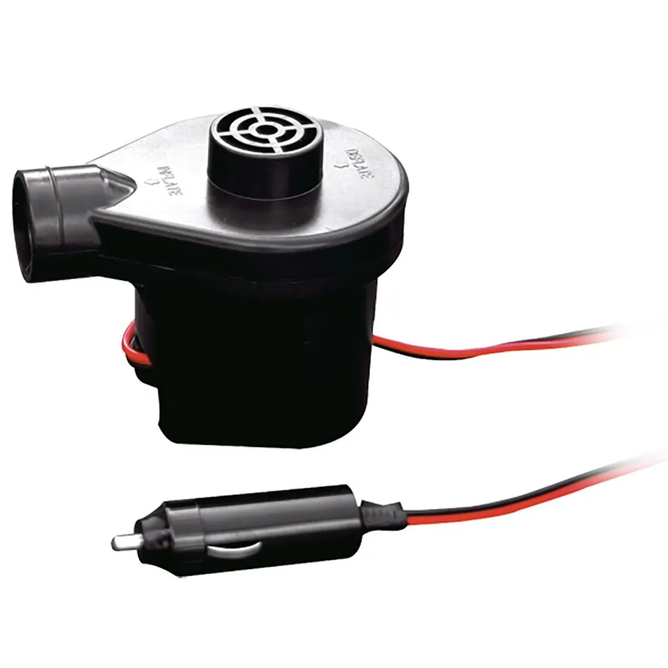 Schwarze Elektropumpe für 12 Volt mit seitlichem Luftauslass, rotem und schwarzem Kabel sowie Zigarettenanzünderstecker
