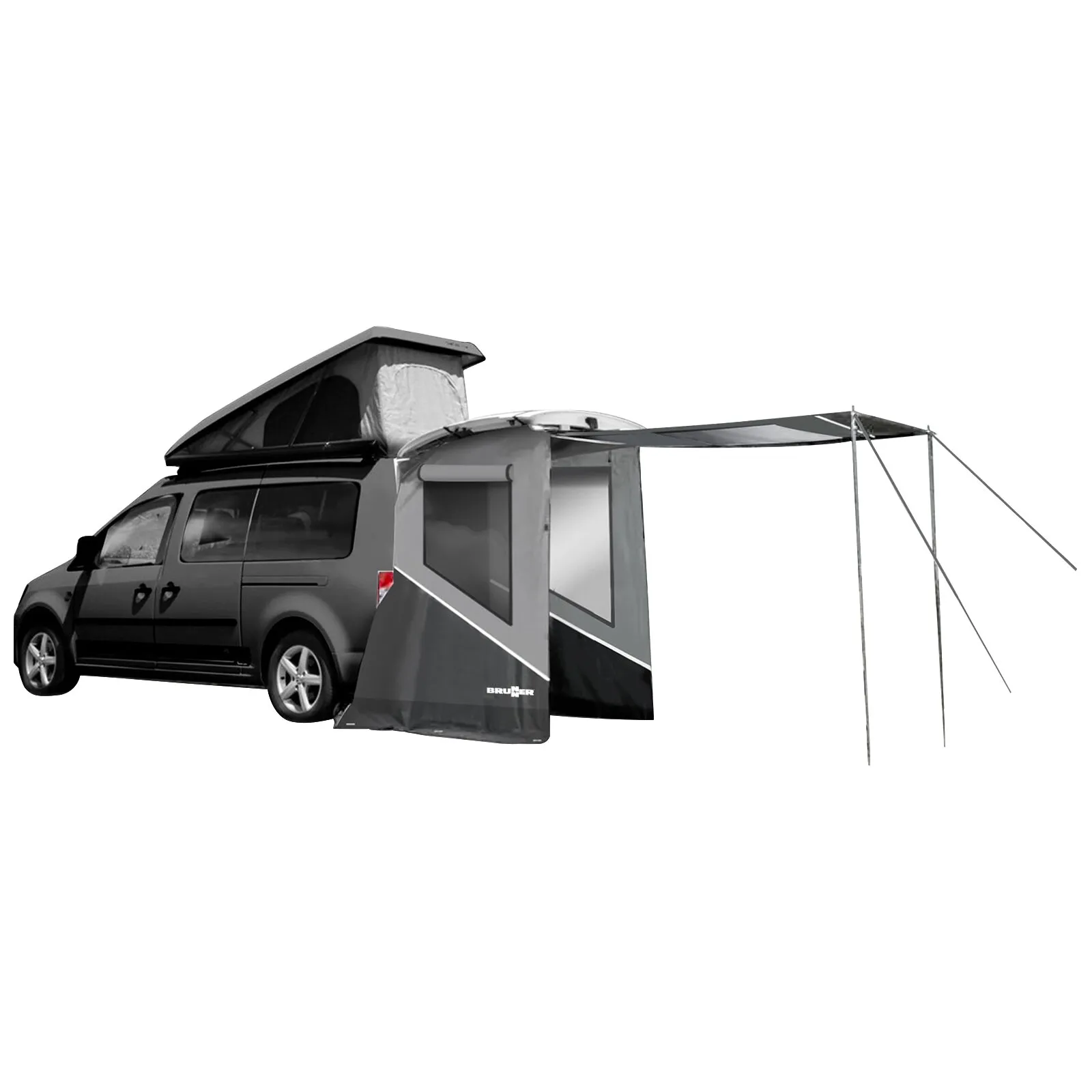 Heckzelt Pilote Caddy 5 von Brunner in Grau und Schwarz an einem Fahrzeug mit geöffneter Markise und Abspannstangen
