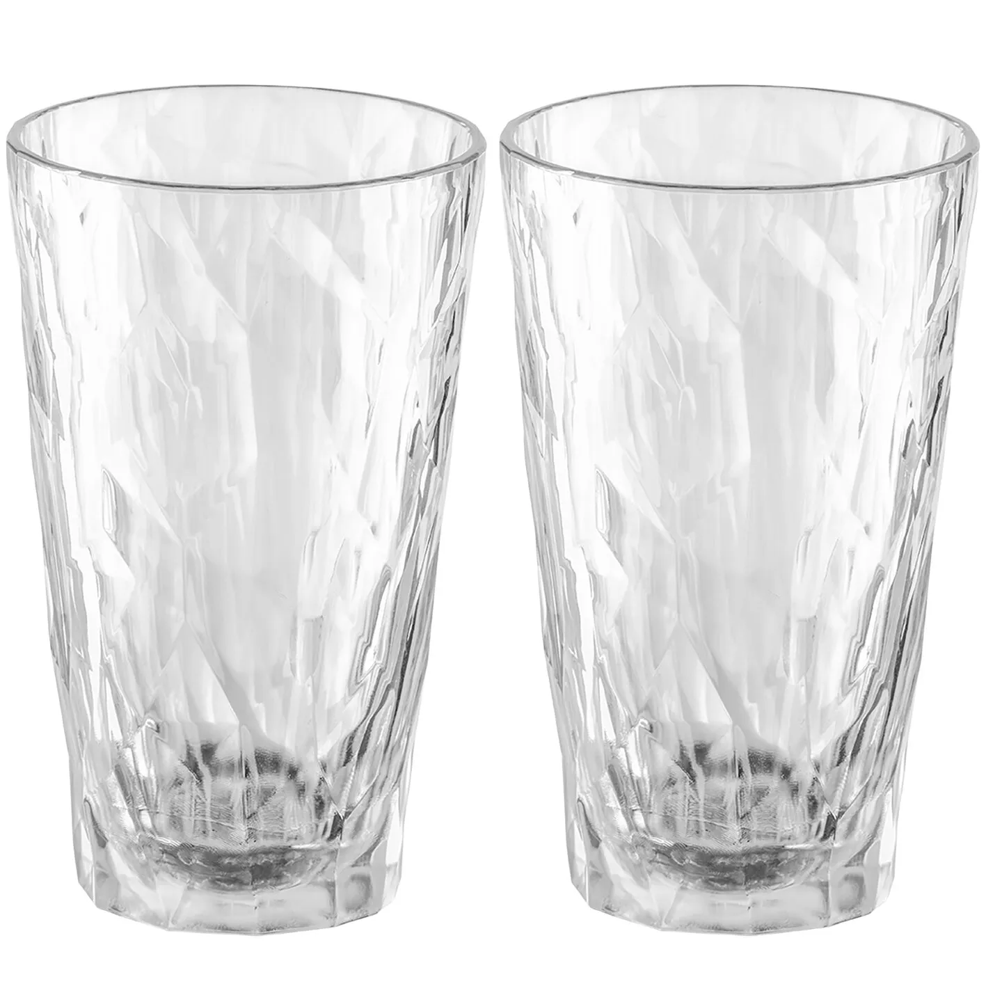 Zwei transparente Superglas CLUB Trinkgläser mit facettierter Oberfläche und stabilem Boden, jeweils 300 ml fassend