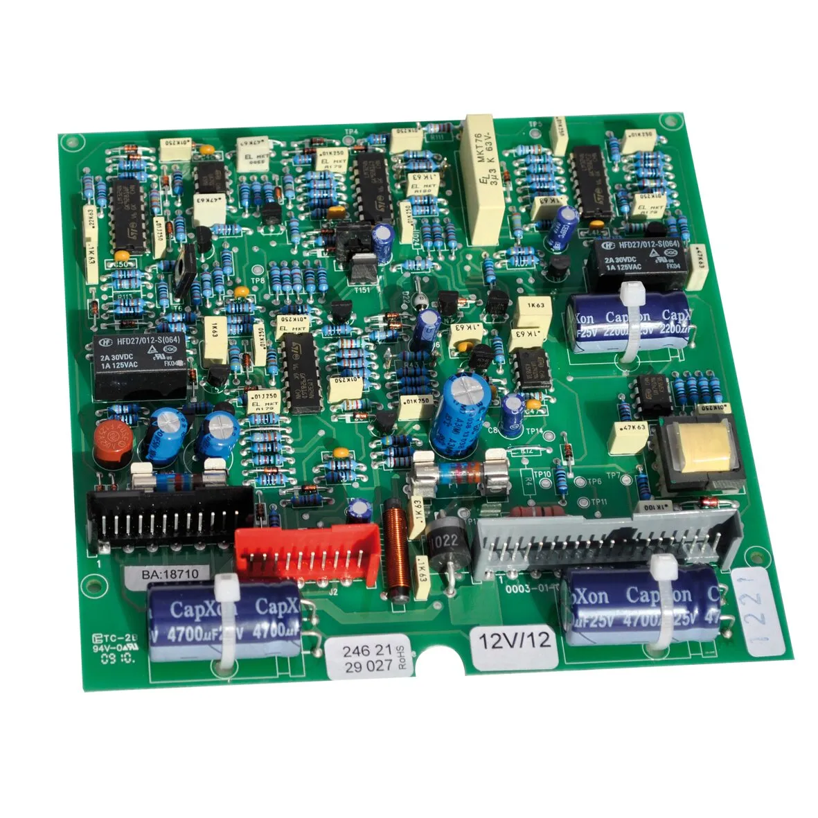 Grüne Leiterplatte mit Relais, Kondensatoren und Steckverbindungen als Elektronik für Trumatic E 2800 und E 4000 ab 07/06
