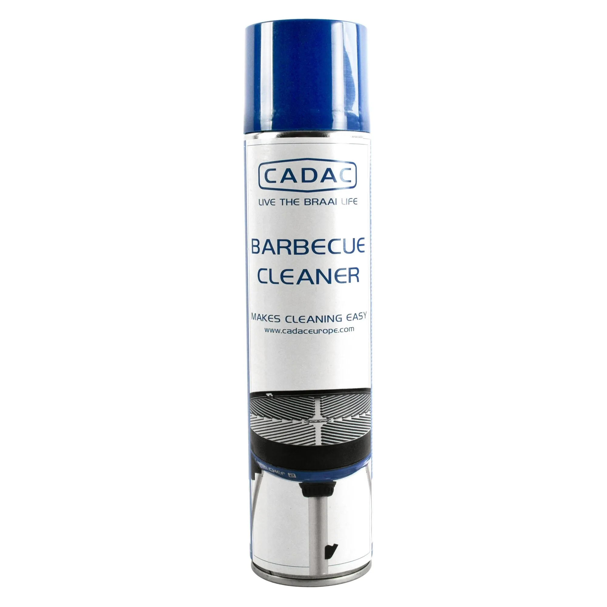 Blau-weiße CADAC Reinigungsspraydose für Grills mit Grillrost-Abbildung und blauem Deckel