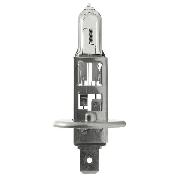 Klare Halogenlampe mit transparentem Glaskolben und metallischem P14,5s-Sockel in Frontalansicht