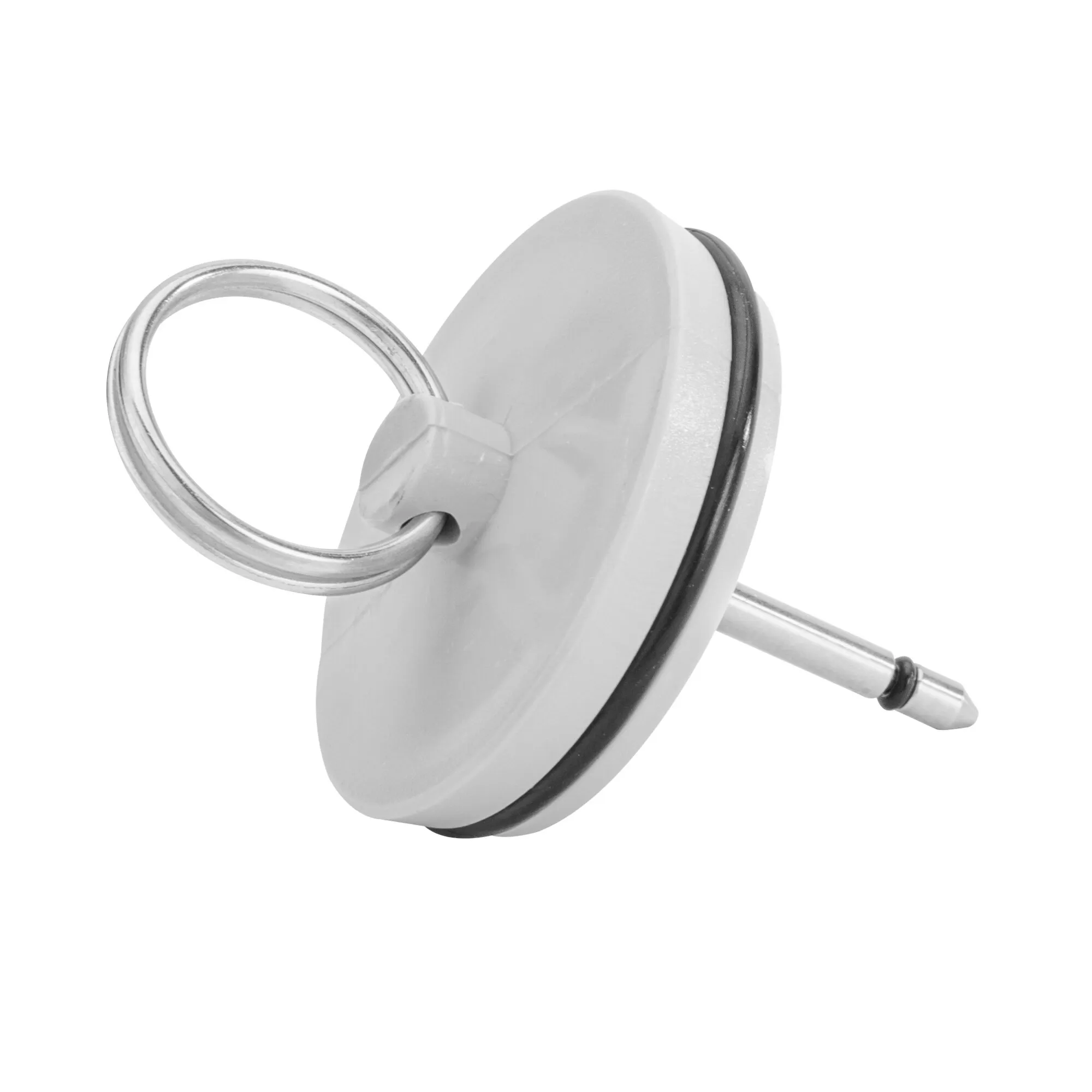 Weißer Verschlussstopfen mit schwarzem Dichtungsring, Metallstift und rundem Zugring in schräger Seitenansicht