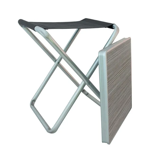 Klapphocker Campus mit schwarzem Sitzbezug, silbernem Metallgestell und seitlich befestigter klappbarer Platte