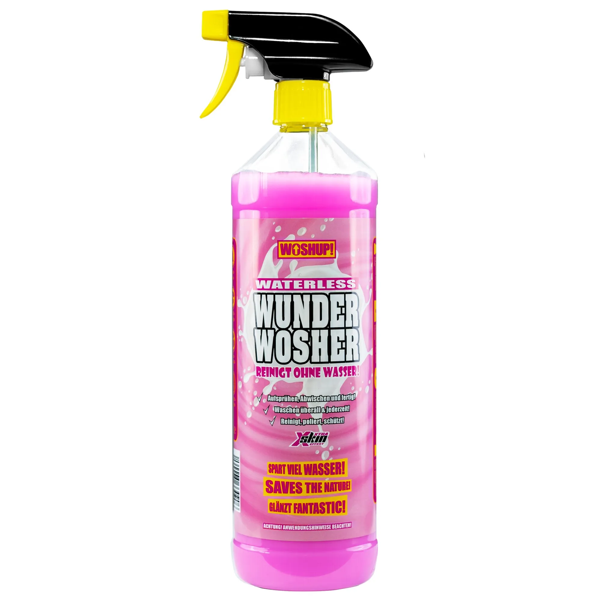 Transparente 1-Liter-Sprühflasche mit pinker Reinigungsflüssigkeit, gelbem Sprühkopf und schwarzem Abzug, Etikett Waterless Wunder Wosher