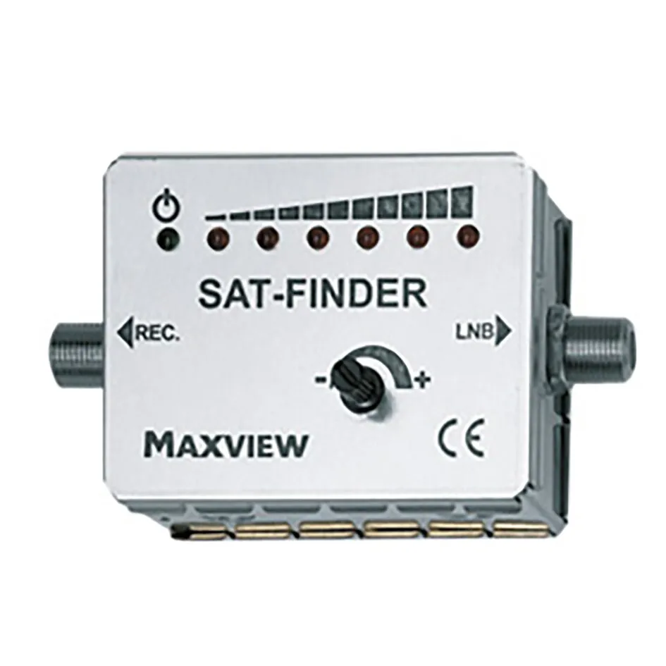 Maxview Sat-Finder in silbernem Gehäuse mit Signalstärke-LEDs, Drehregler sowie Anschlüssen für Receiver und LNB