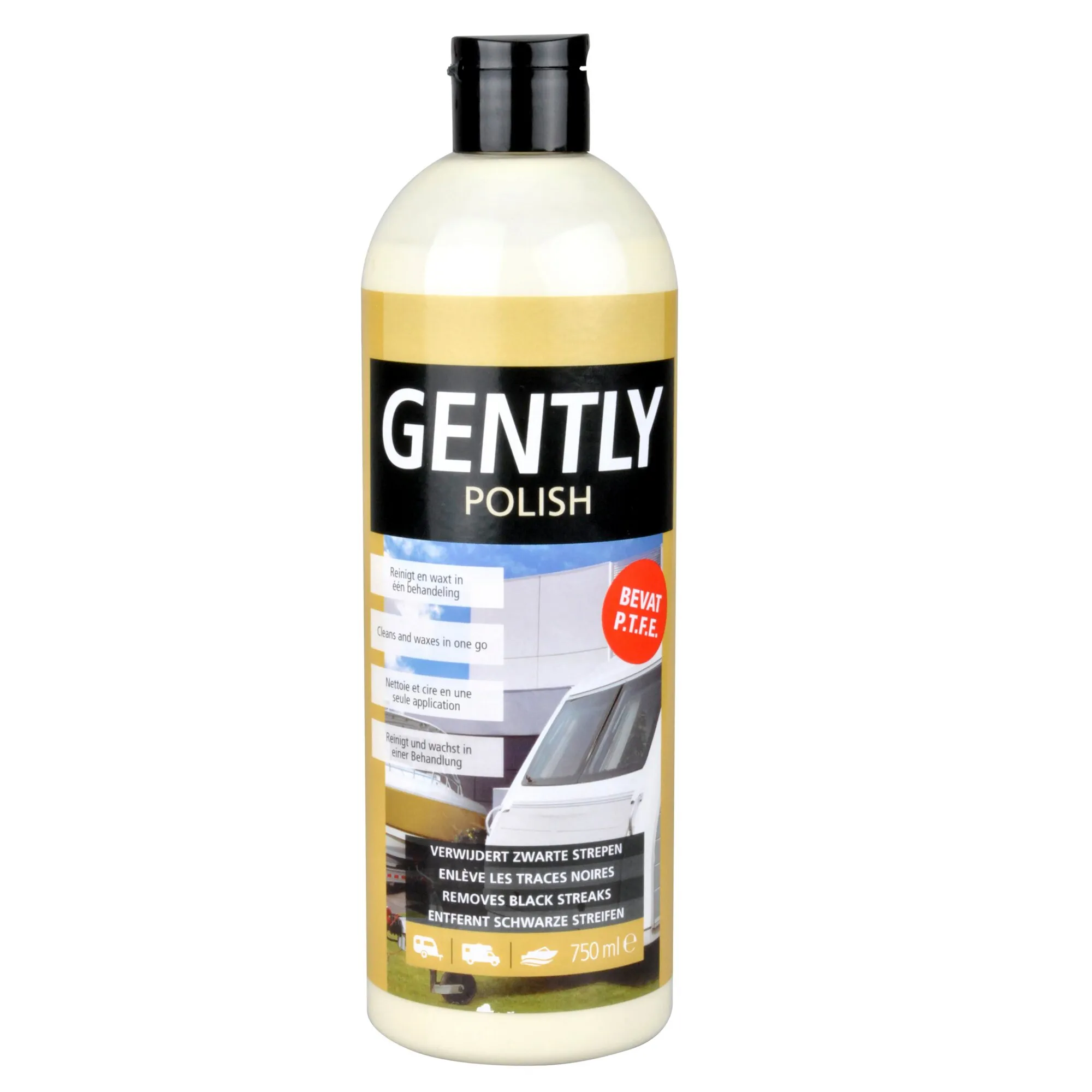 750-ml-Flasche Caravanreiniger Gently Polish mit schwarzem Verschluss, gelbem Etikett und Hinweis auf die Entfernung schwarzer Streifen