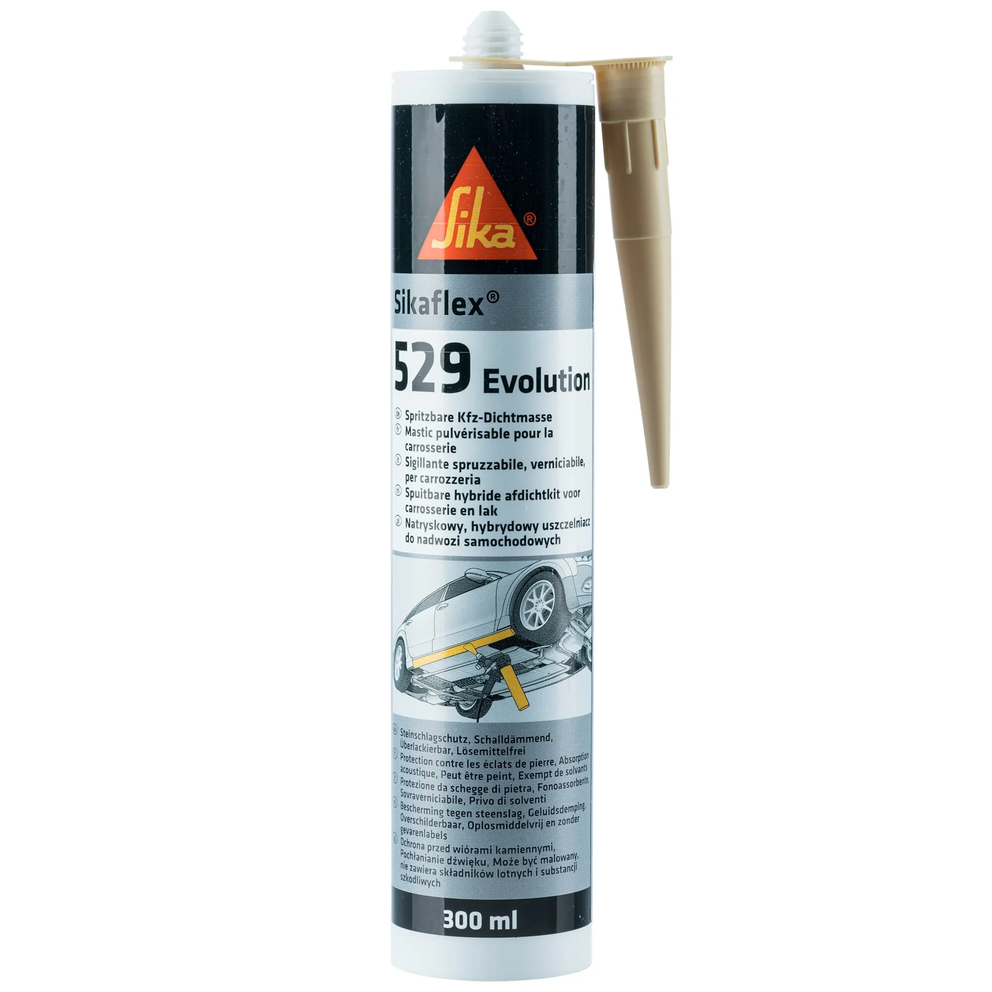 Sikaflex 529 Evolution Dichtstoff in schwarzer 300-ml-Kartusche mit brauner Spritzdüse für Fahrzeugkarosserien