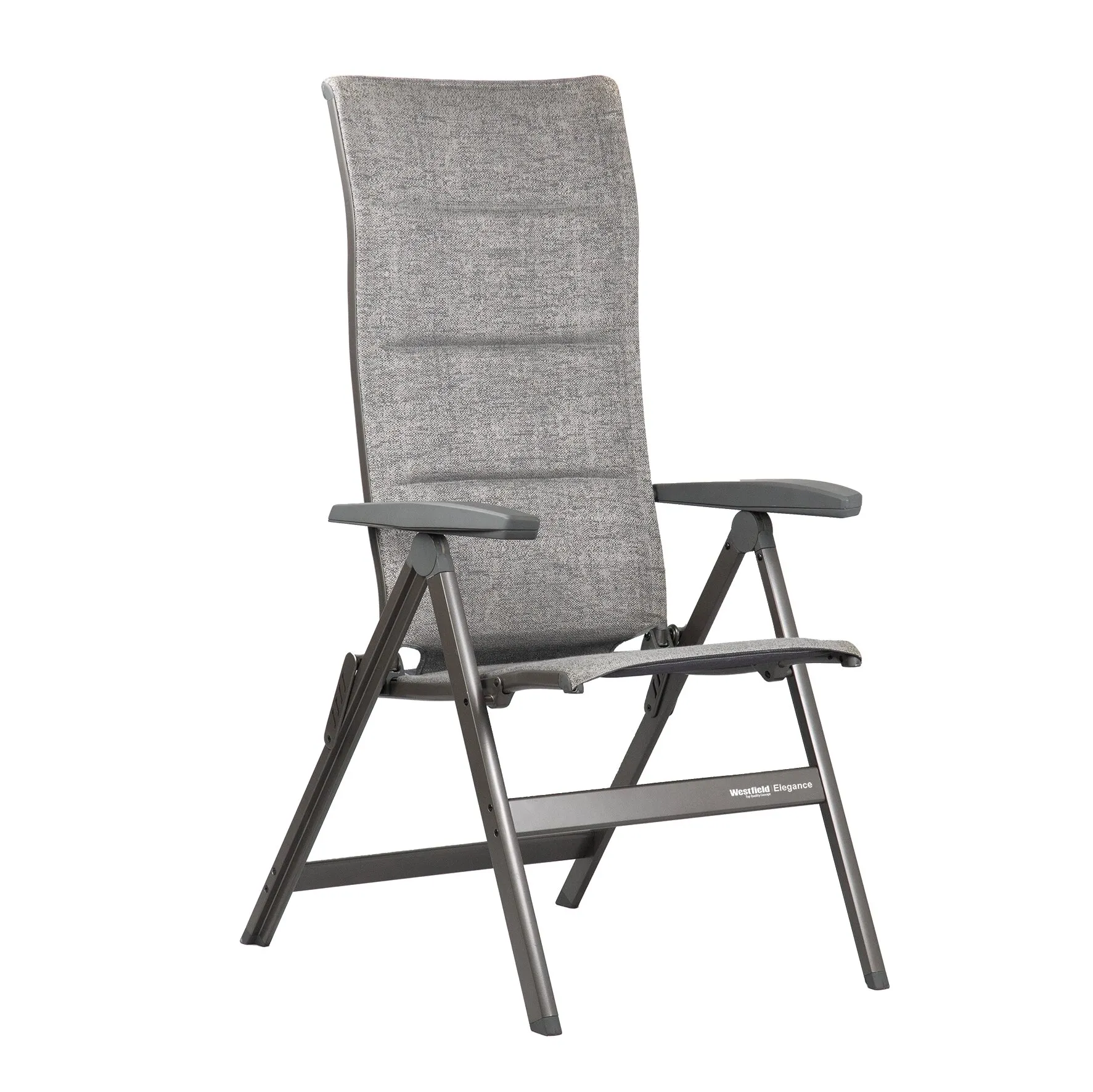 Campingstuhl Elegance SG von Westfield mit grauem Textilbezug, verstellbarer Rückenlehne, Armlehnen und stabilem Klappgestell