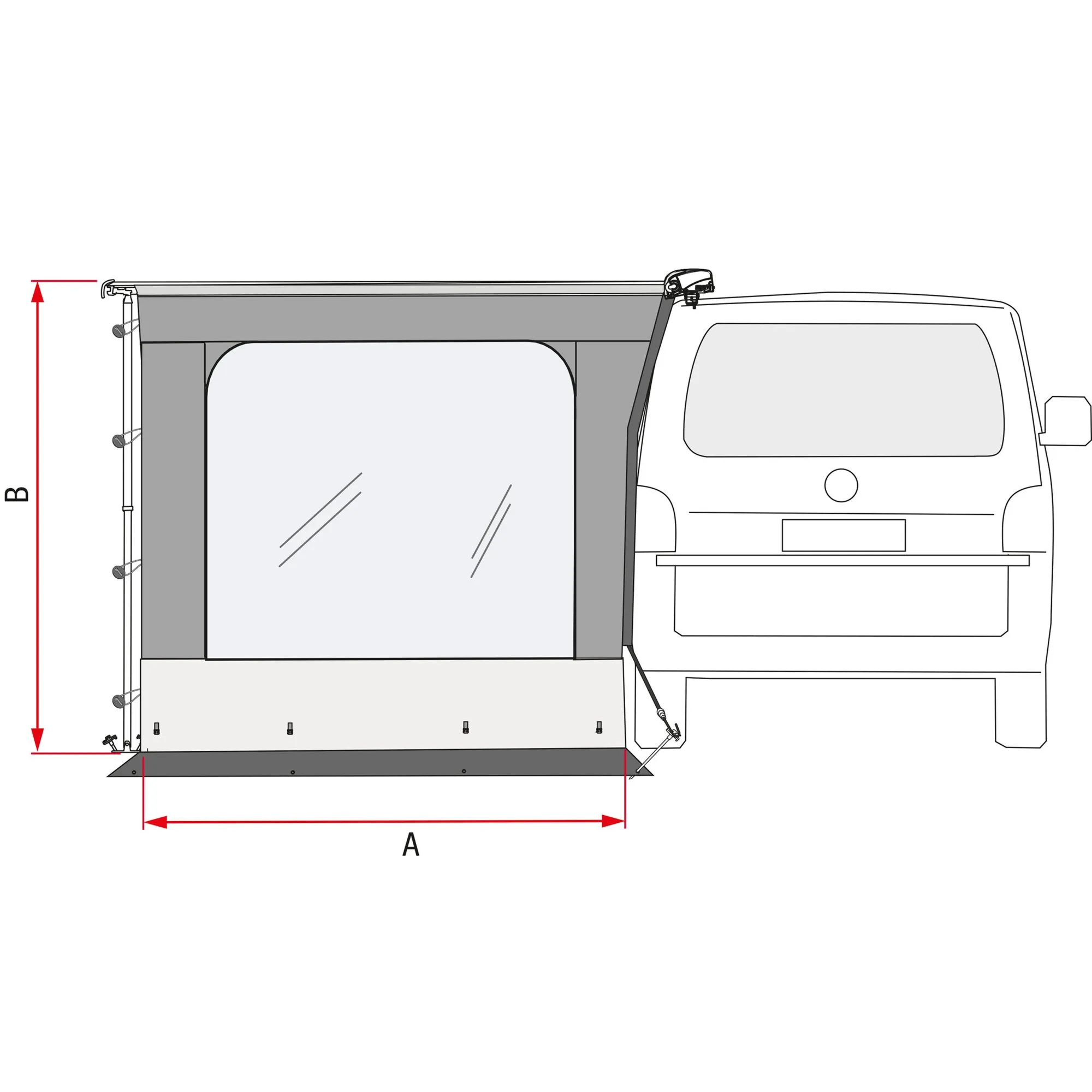 Technische Seitenansicht der Seitenwand Side W Pro F40 am Fahrzeug mit Fenster, Befestigungen und Maßangaben A und B