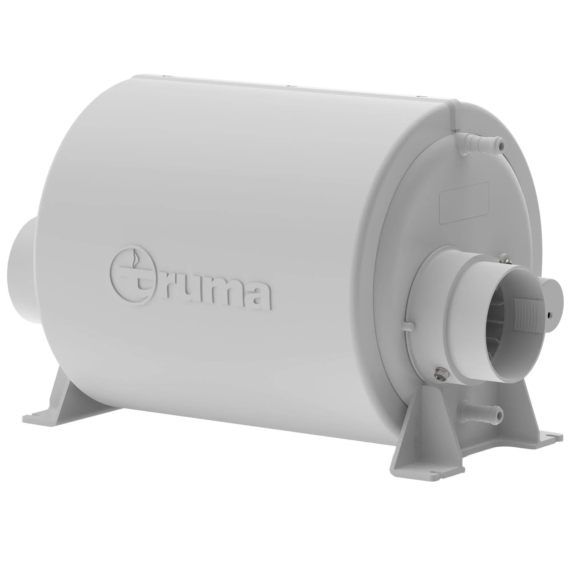 Weißer horizontaler Warmwasserboiler Therme TT 2 von Truma mit zylindrischem Gehäuse, Anschlüssen und Standfüßen
