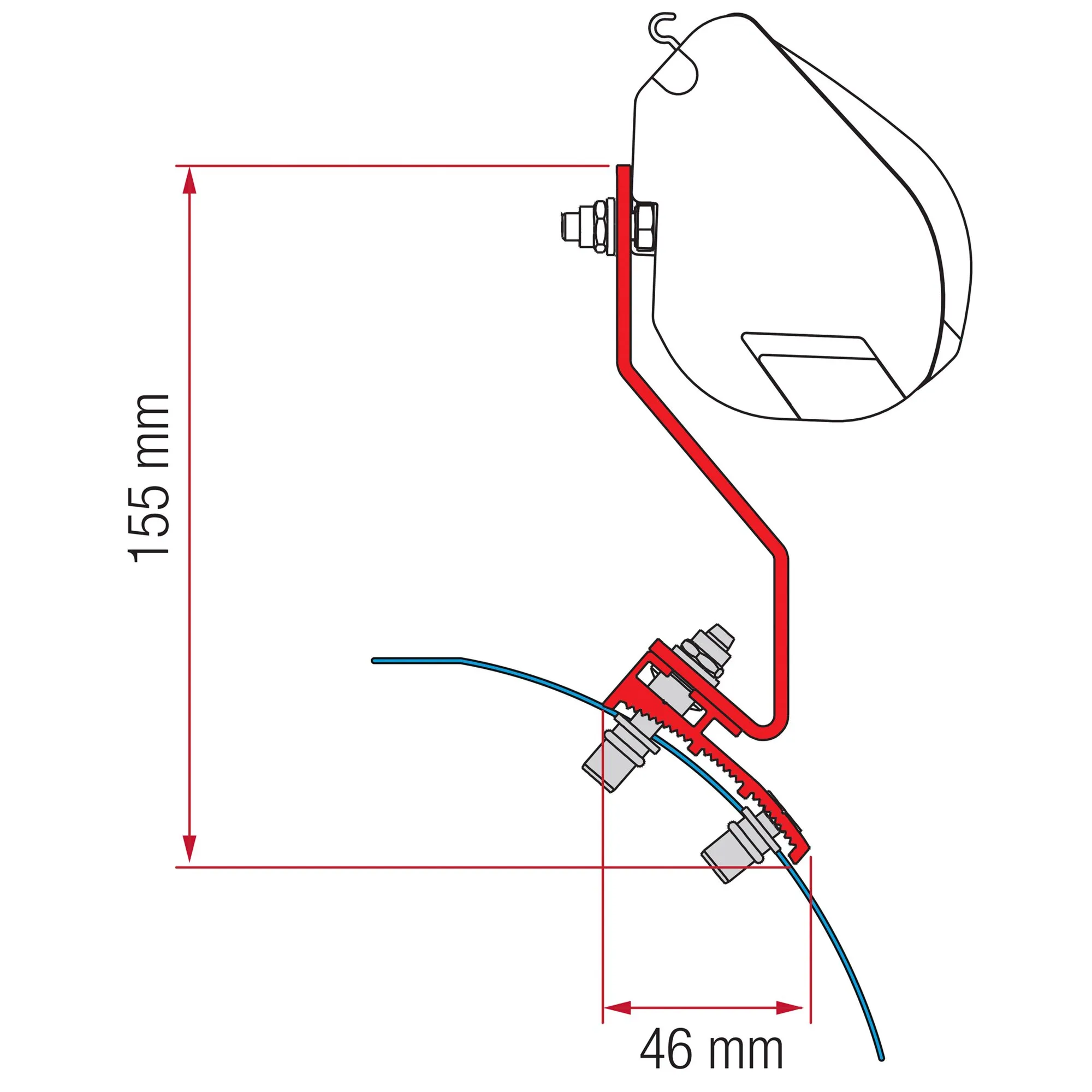 Technische Seitenansicht des roten Markisenadapter-Kits für VW Caddy Maxi Lift Roof und F35 Pro mit Schrauben und Maßen 155 mm und 46 mm