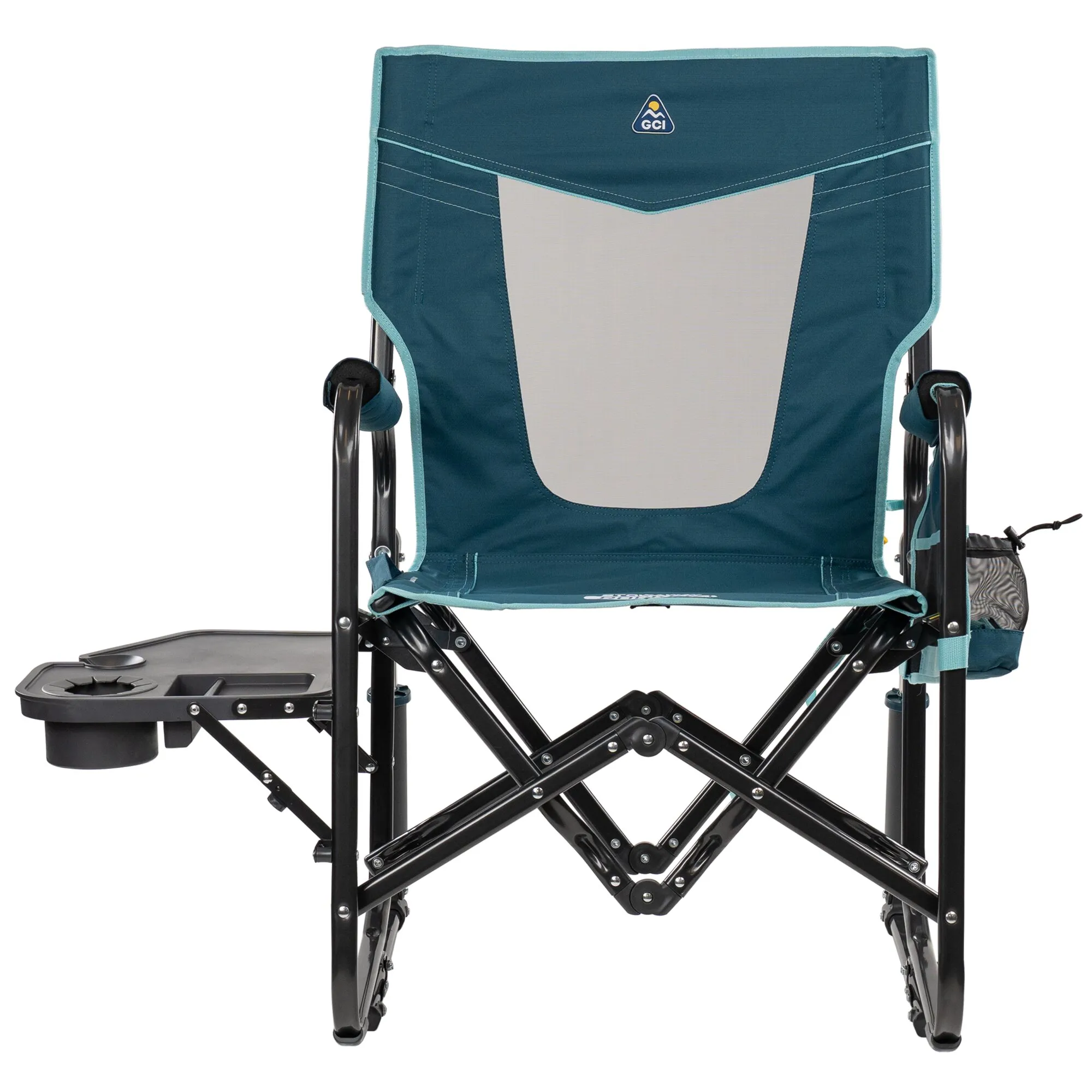Blauer Camping-Schaukelstuhl Stowaway Rocker mit Tisch, Rückenlehne in dunklem Blau mit hellgrauem Mittelteil, GCI-Logo, schwarzer Metallrahmen