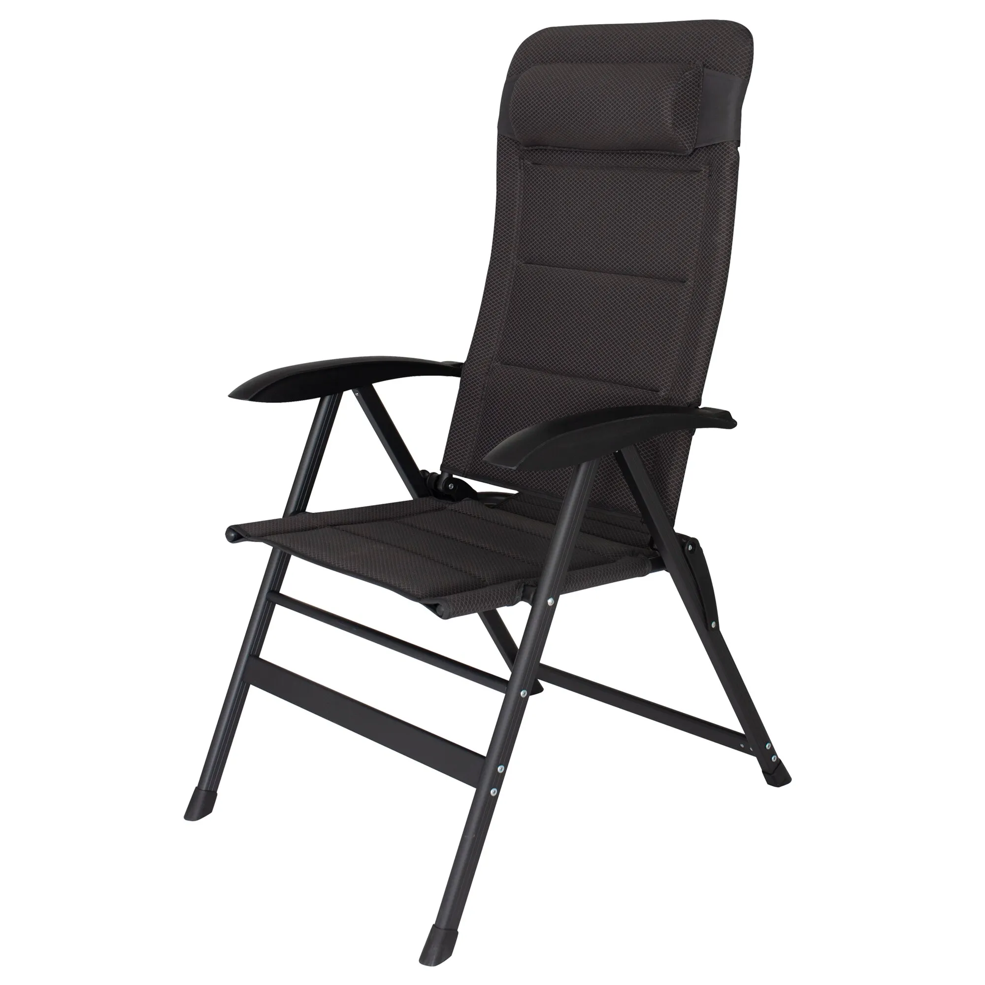 Schwarzer Campingstuhl Kendal Comfort mit gepolsterter Kopfstütze, hoher Rückenlehne, Armlehnen und klappbarem Metallgestell
