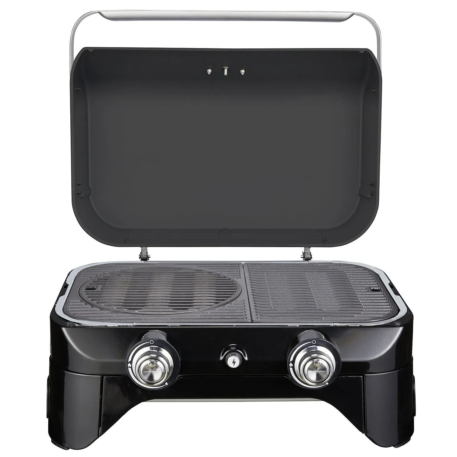 Schwarzer Tischgrill Attitude 2100 LX mit geöffnetem Deckel, geteilter Grillplatte, zwei Drehreglern und Zündknopf