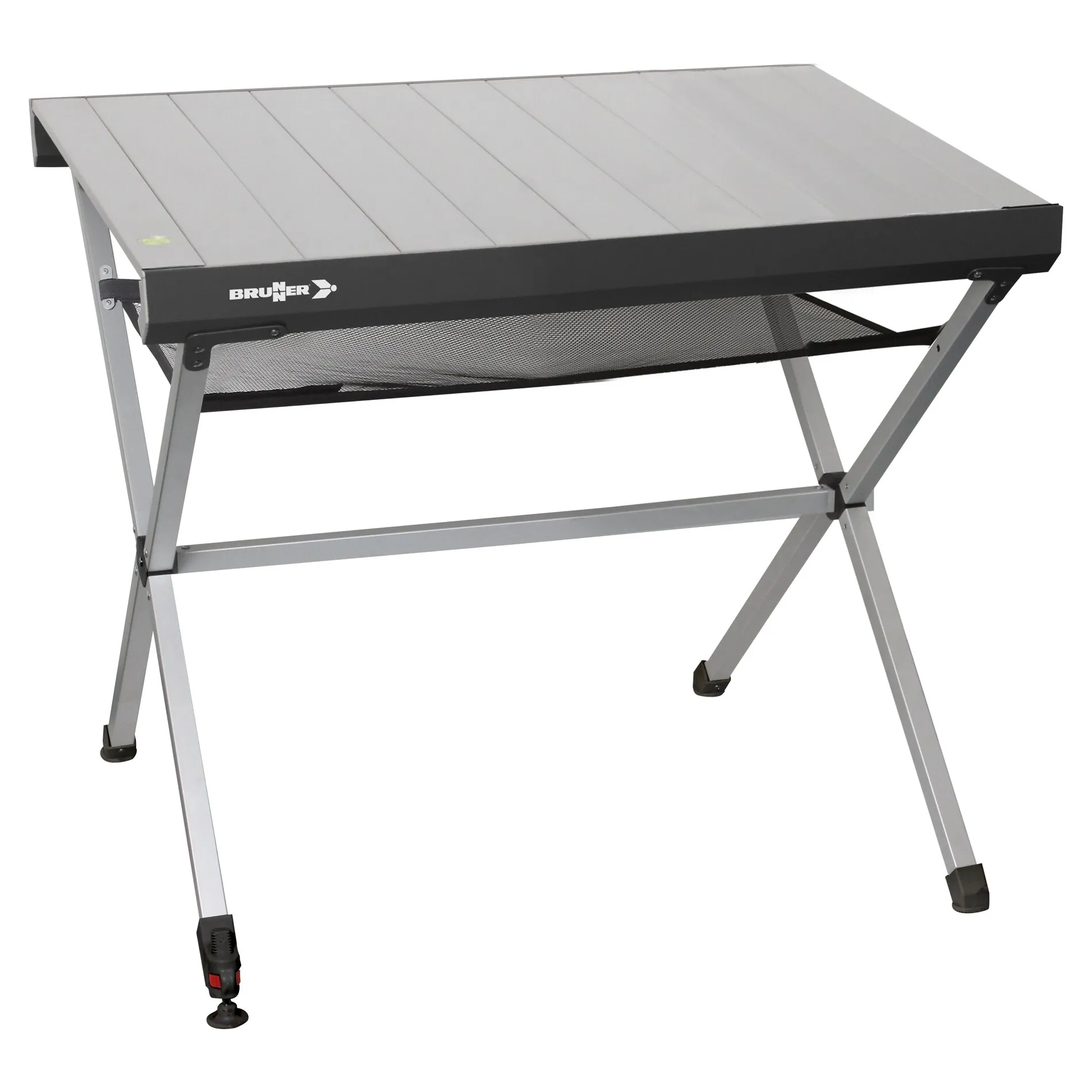 Rolltisch Titanium Axia von Brunner mit grauer Lamellenplatte, schwarzem Rahmen, klappbaren Beinen und Ablagenetz