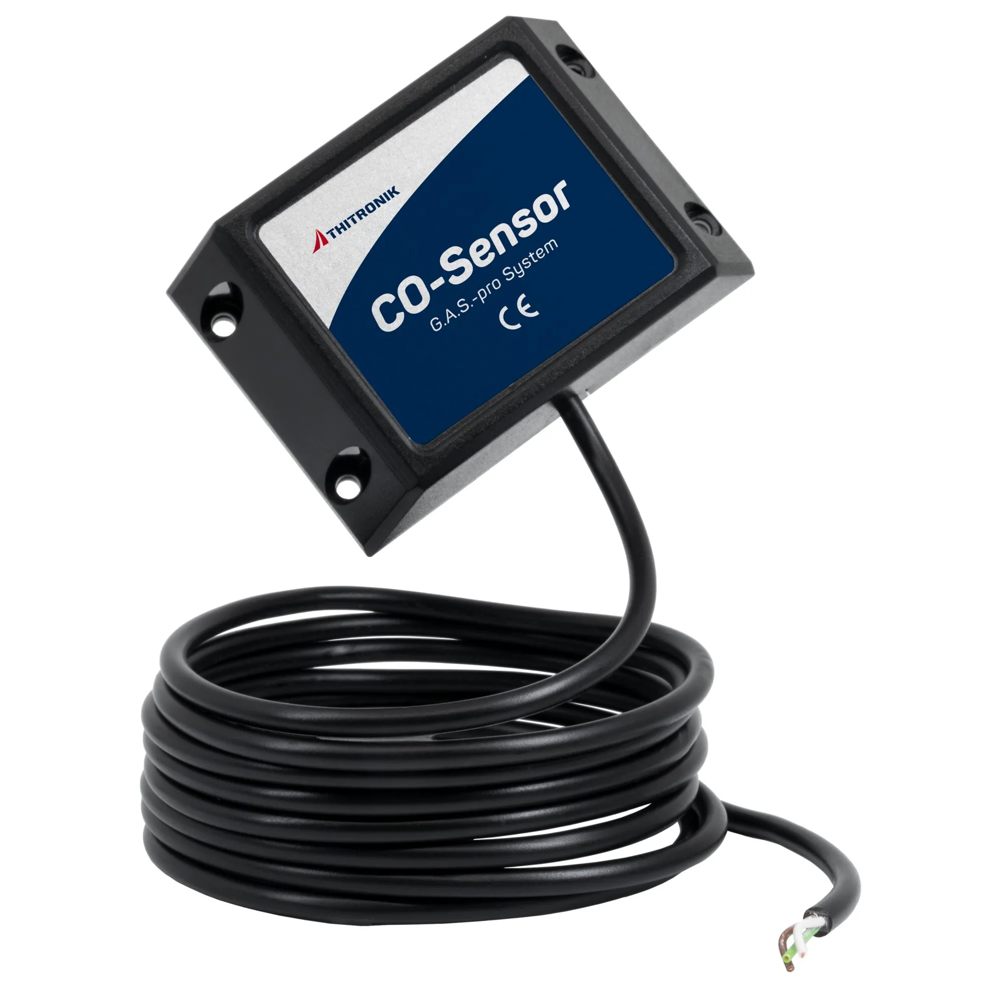 Schwarzer CO-Sensor von Thitronik für das G.A.S.-pro-System mit rechteckigem Gehäuse und langem Anschlusskabel