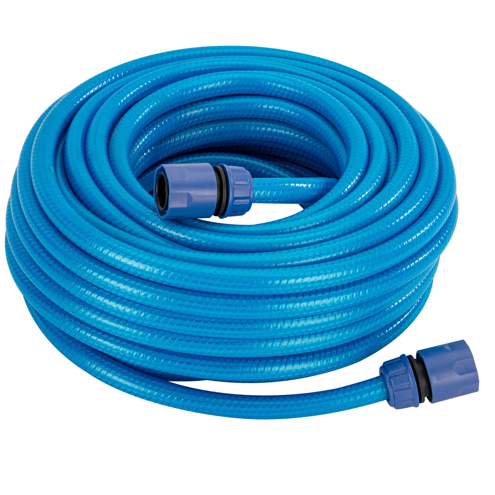 Blauer, transparenter Wasserschlauch mit Kreuzgewebe, aufgerollt und mit zwei blauen Anschlusskupplungen versehen