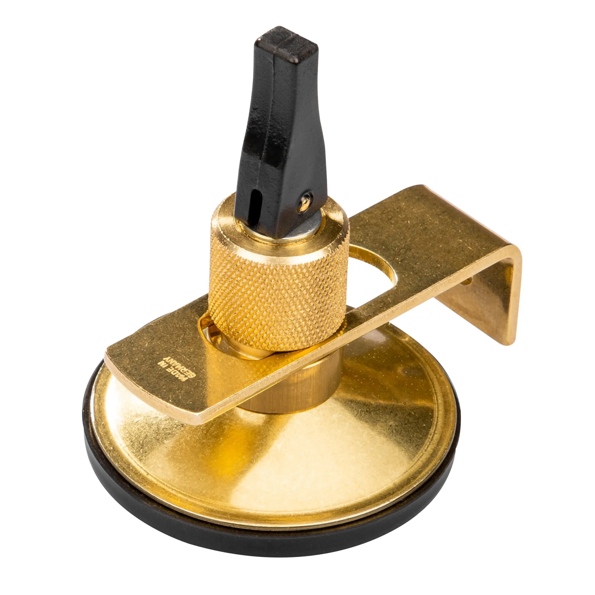 Goldfarbener Klappsauger mit schwarzem Klapphebel, gerändelter Stellschraube und rundem Saugteller in Detailansicht