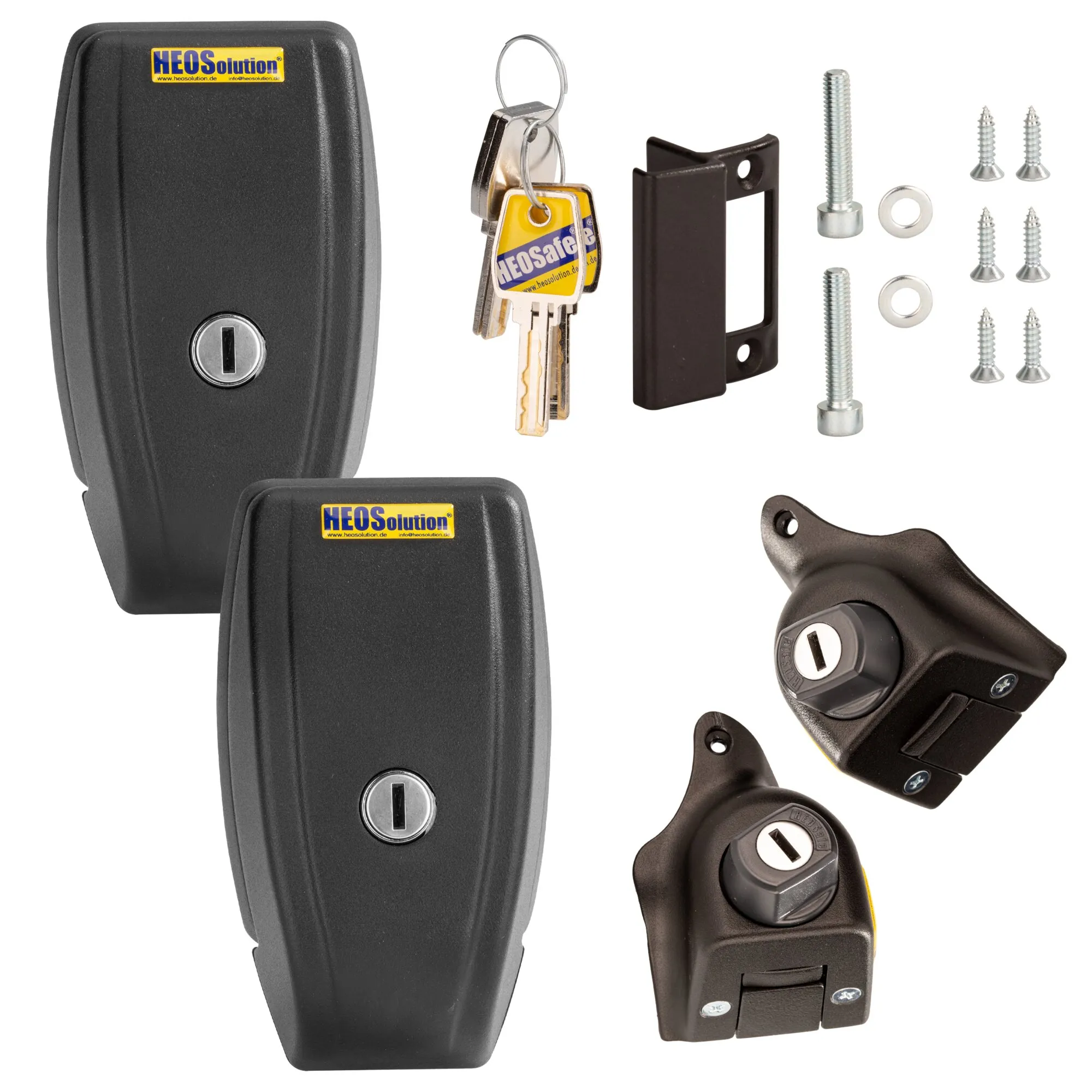 Schwarzes HEOSafe® Sicherheitspaket für Fiat Ducato ab 09/2021 mit zwei Schlössern, Schließzylindern, Schlüsseln, Halterung und Befestigungsmaterial
