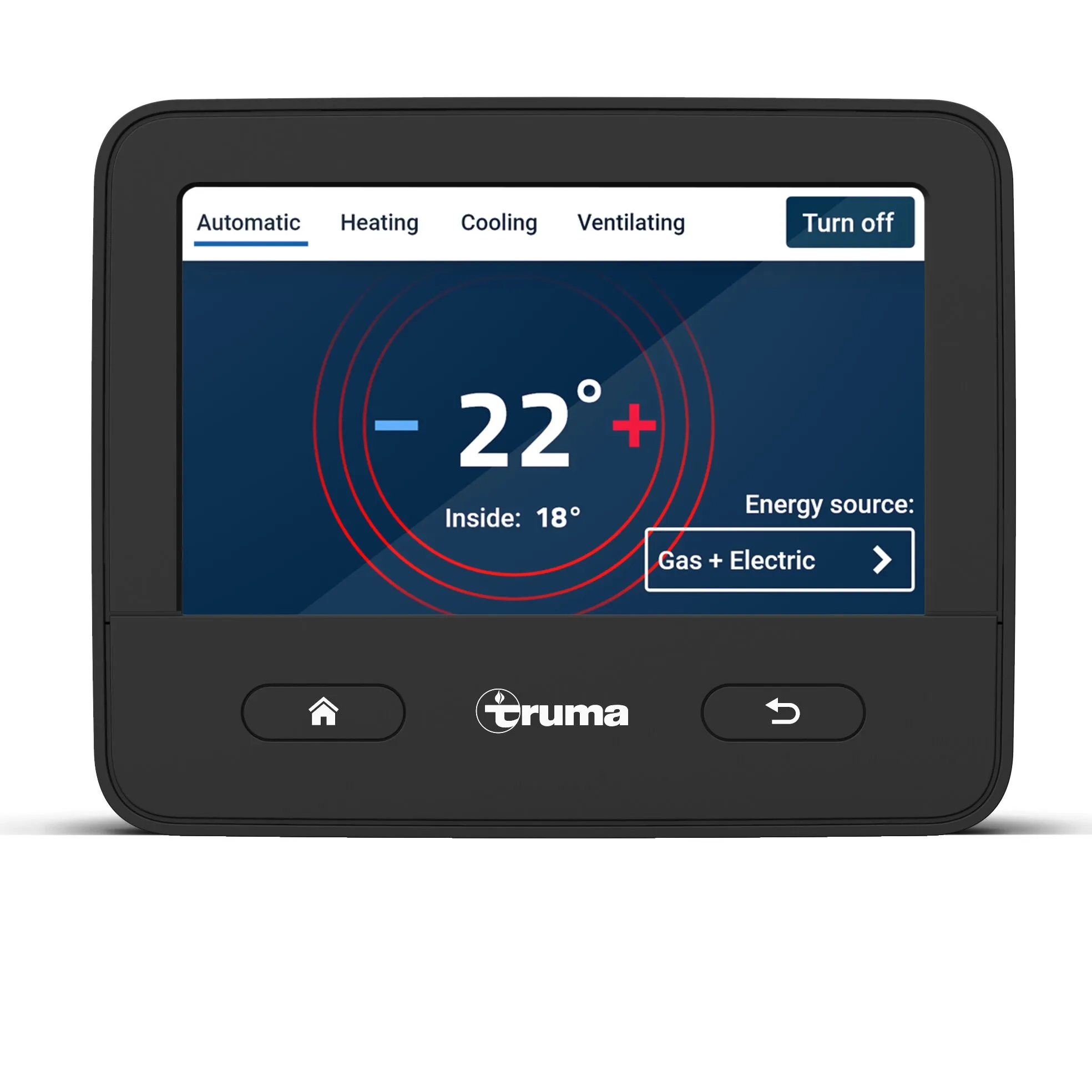 Schwarzes Truma-Bedienpanel einer Combi-Heizung mit Touchscreen: Automatikmodus, 22 °C, innen 18 °C sowie Gas und Strom