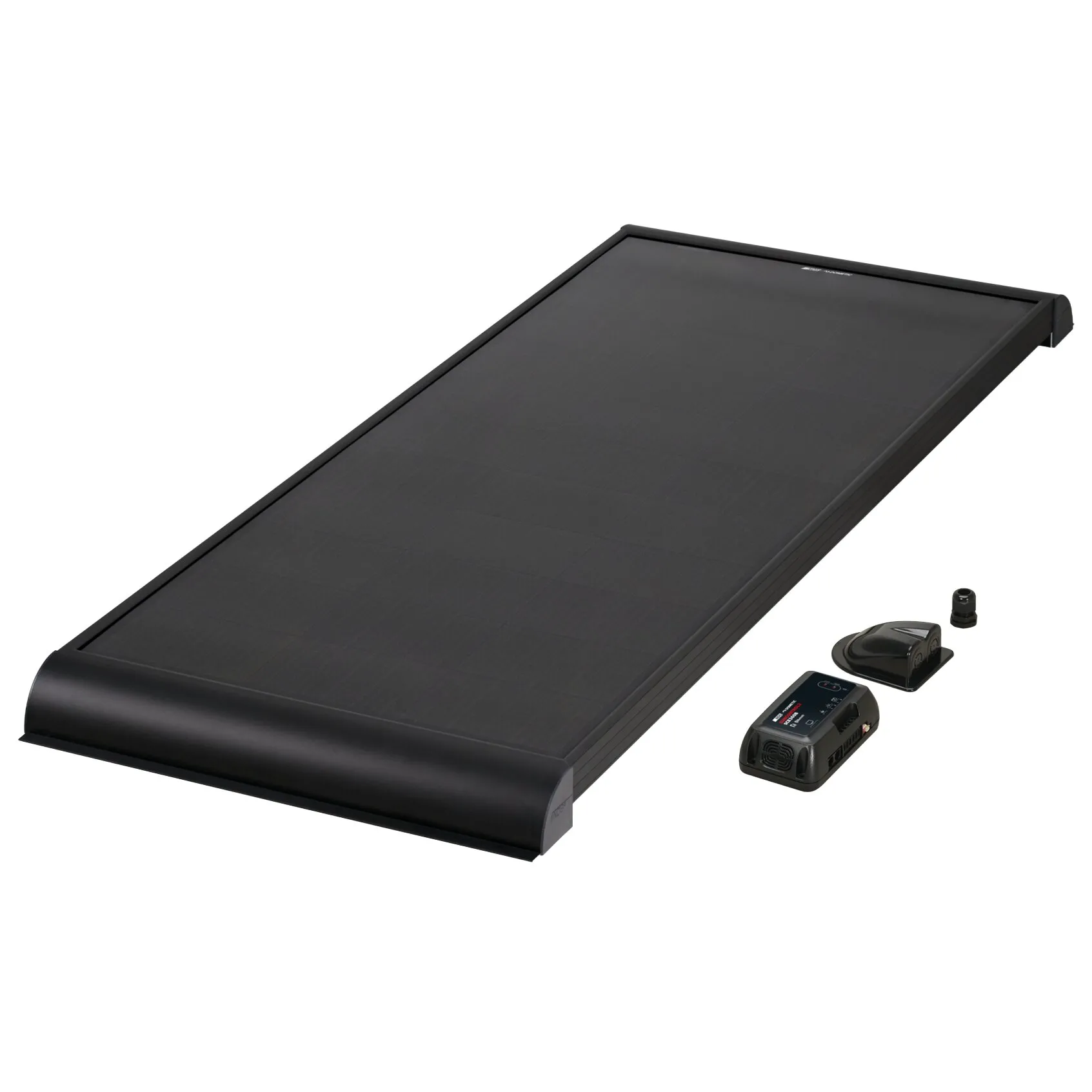 Schwarzes Solarpanel-Set BS115K (115 Wp) mit sichtbarem Laderegler SCE360B und zugehörigem Zubehör