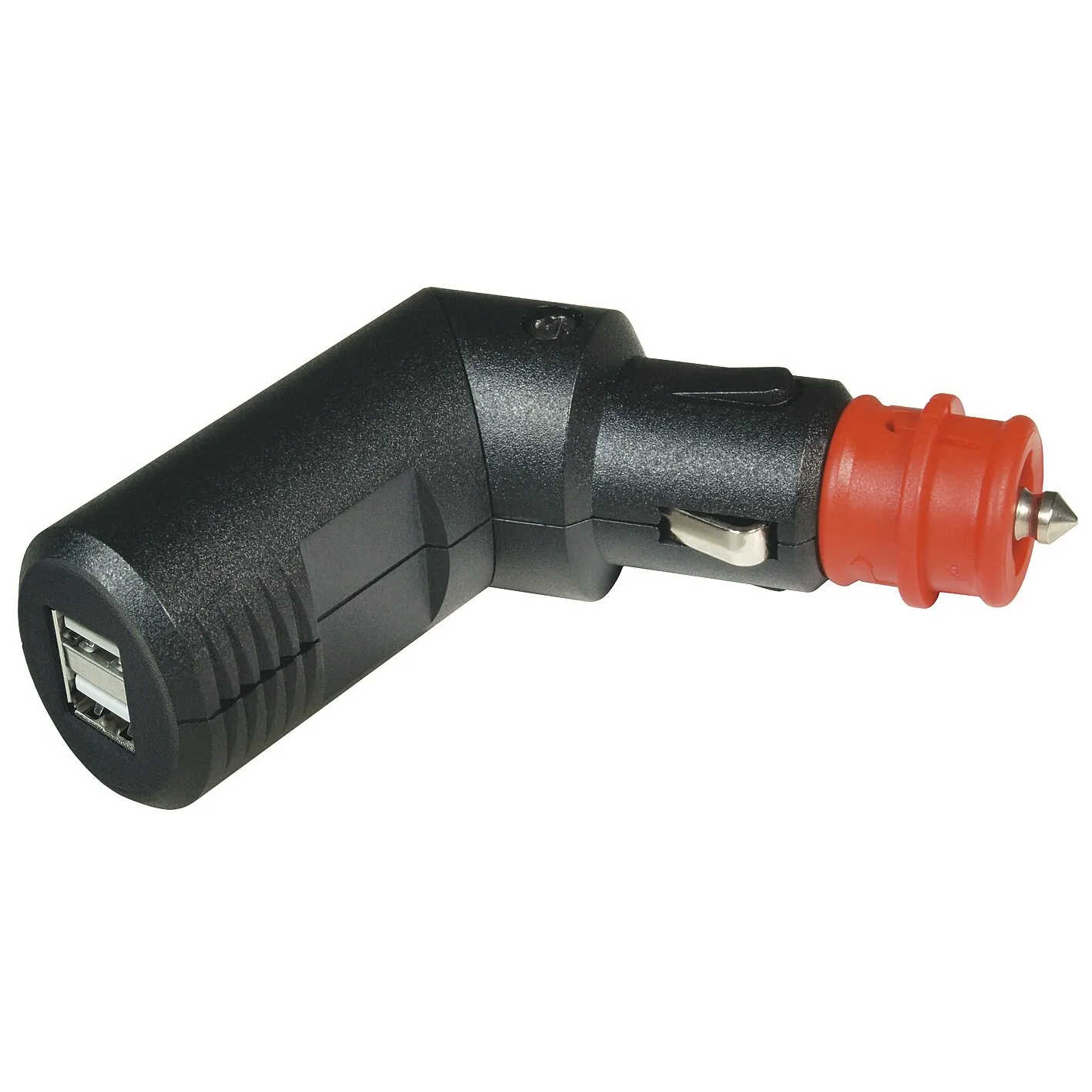 Schwarzer USB-Ladestecker mit zwei USB-Anschlüssen, rotem 12-Volt-Kfz-Stecker und seitlichen Metallkontakten, 5000 mA