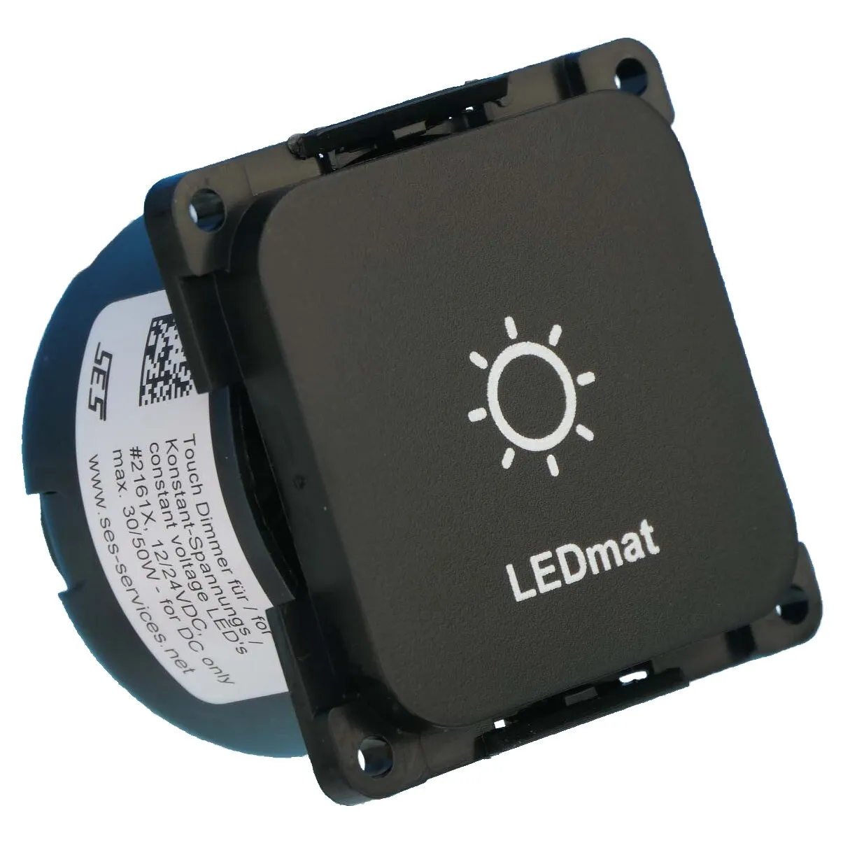 Schwarzer quadratischer Touch-LED-Dimmer von LEDmat mit Sonnensymbol, Befestigungsrahmen und seitlichem Anschlussgehäuse